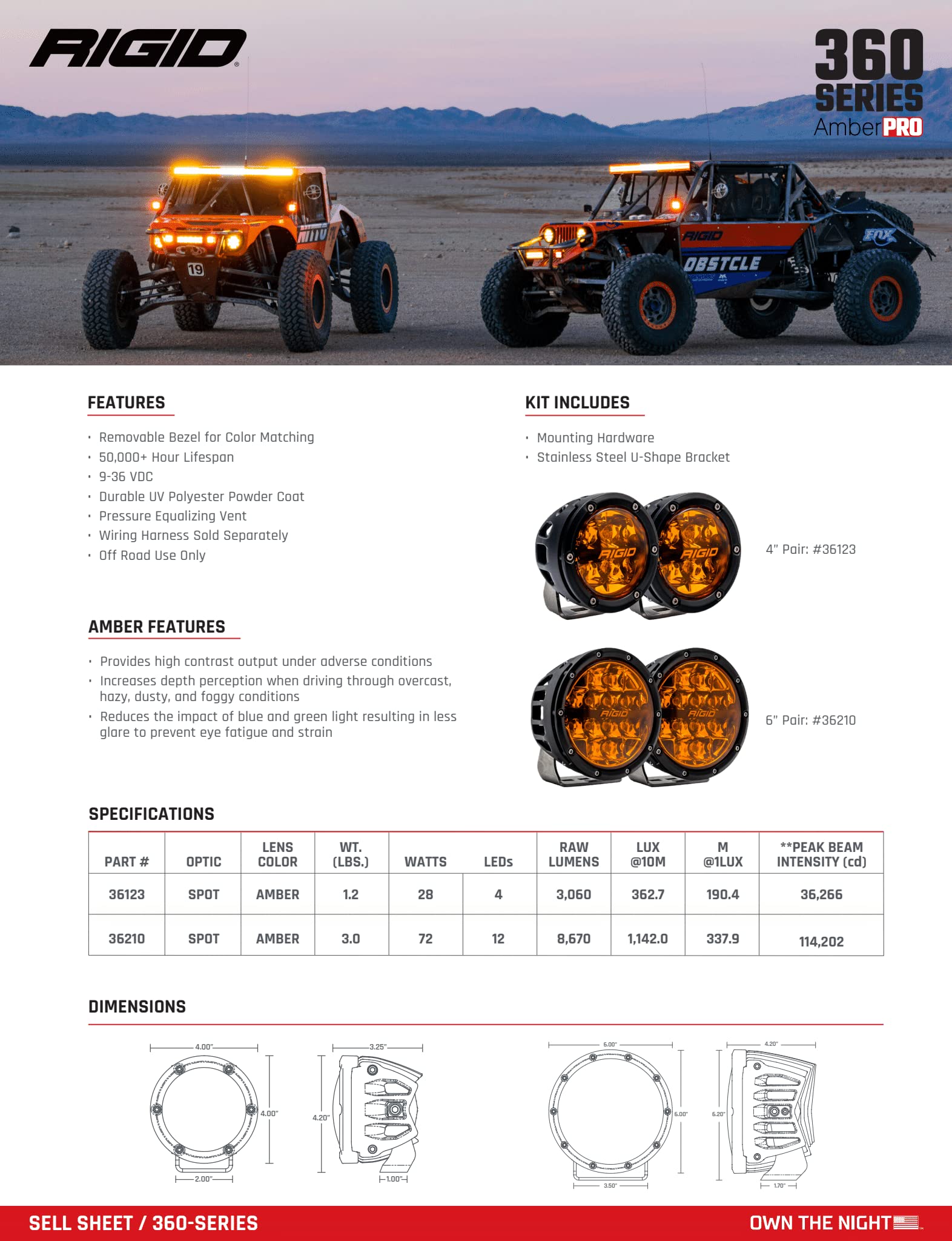 36210-360-Series RIGID Industries 6 Inch Spot Optic with Amber PRO Lens and Back Lighting | Pair