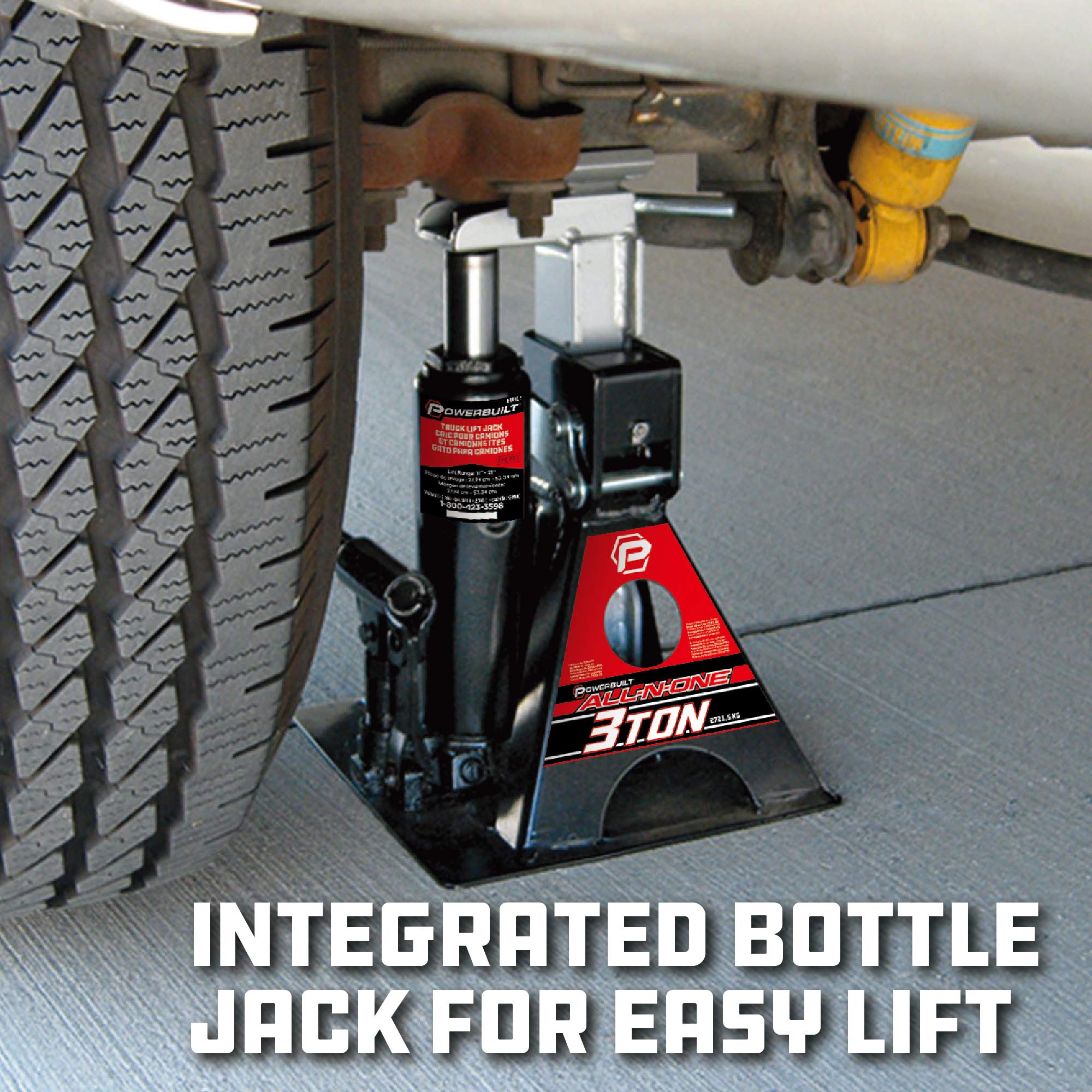 Powerbuilt 3 Ton Hydraulic All-in-One Bottle Jack and Jackstand Unit, Compact, Wide Base, 11-21 Inch Range, Eliminates Jackstands, for Unibody, Trucks, SUVs, RVs, Cars, Trailers, ASME - 640912