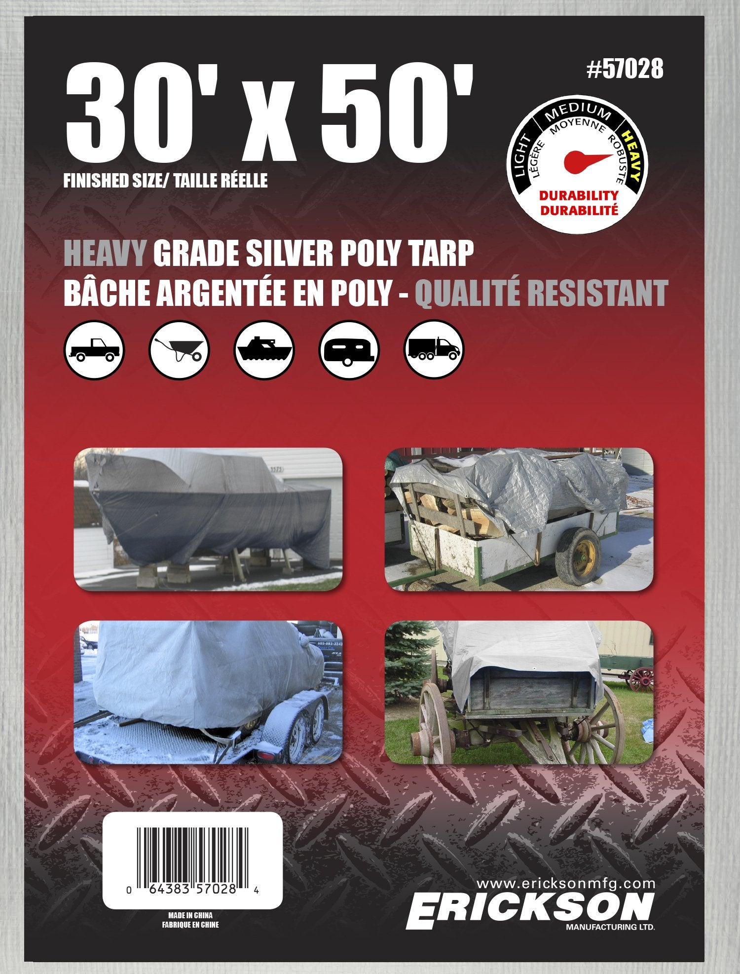 Heavy Grade Erickson 57028 Silver Poly Tarp, 30' x 50', 1 Pack
