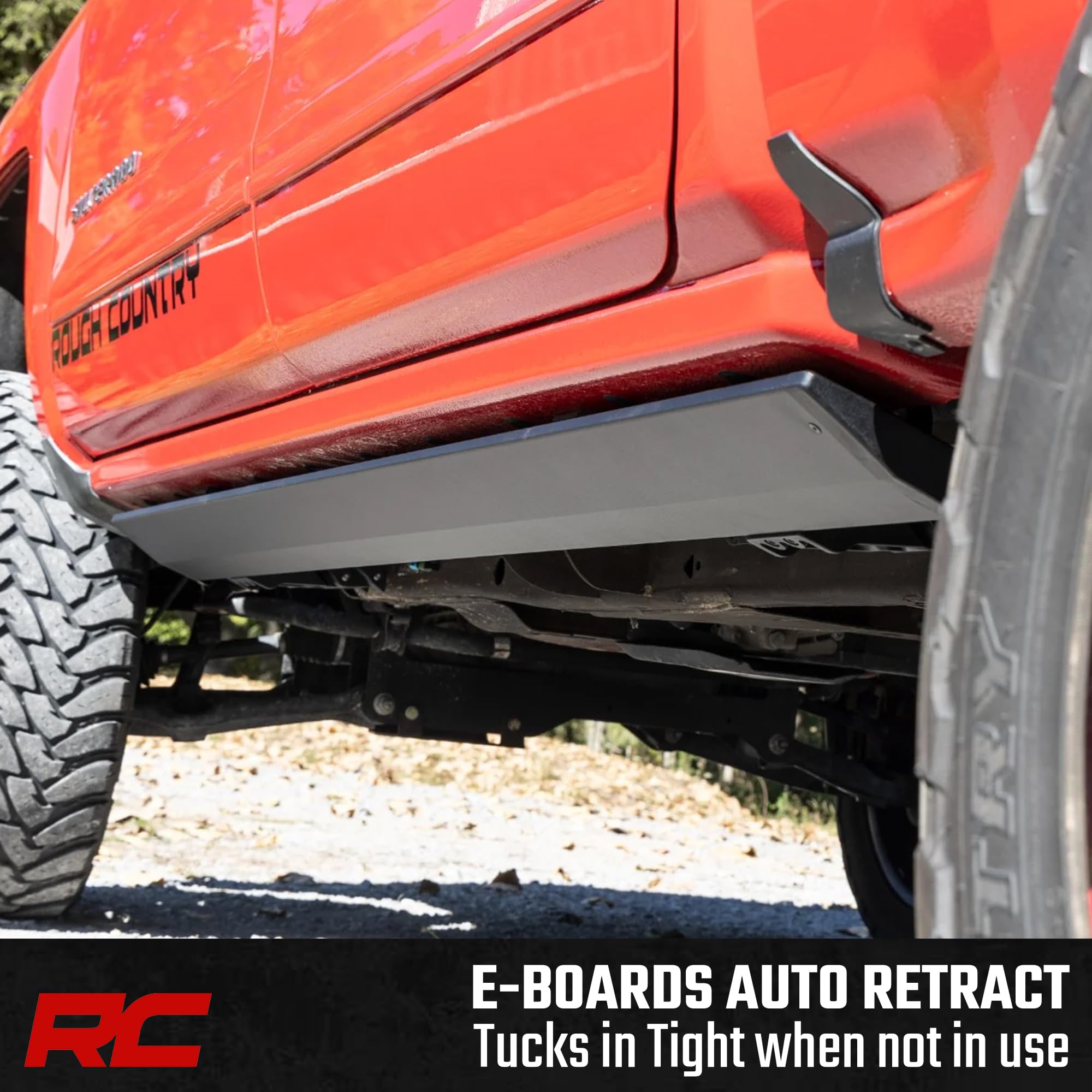 Power Running Boards Rough Country for Chevy Silverado & GMC Sierra 1500 / 2500HD / 3500HD Crew Cab (2014-2019) - Automatic Retractable Electric Side Steps with LED Lights, No-Drill Install