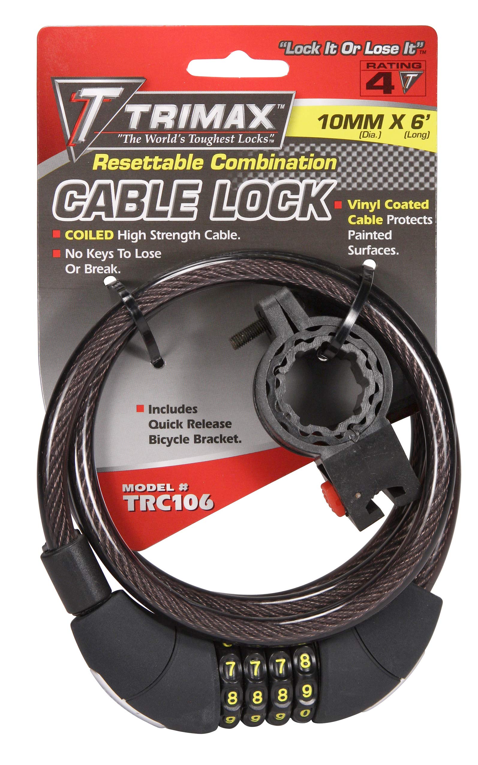 6' Trimax TRC106 x 8 mm Medium Security Coiled Combination Cable Lock with Bracket