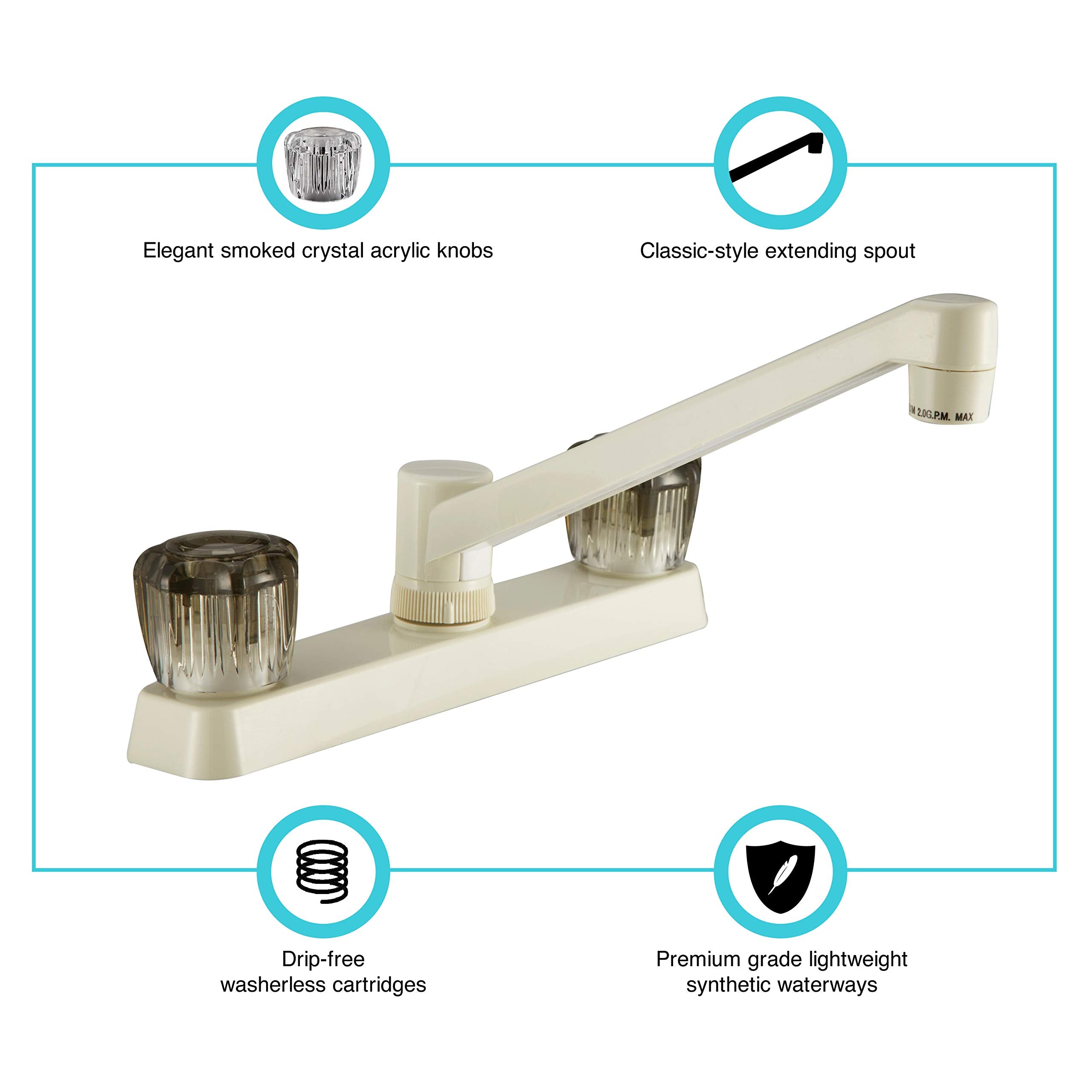Dura Faucet RV Kitchen Sink Faucet DF-PK600S-BQ with Smoked Acrylic Knobs (Bisque Parchment)