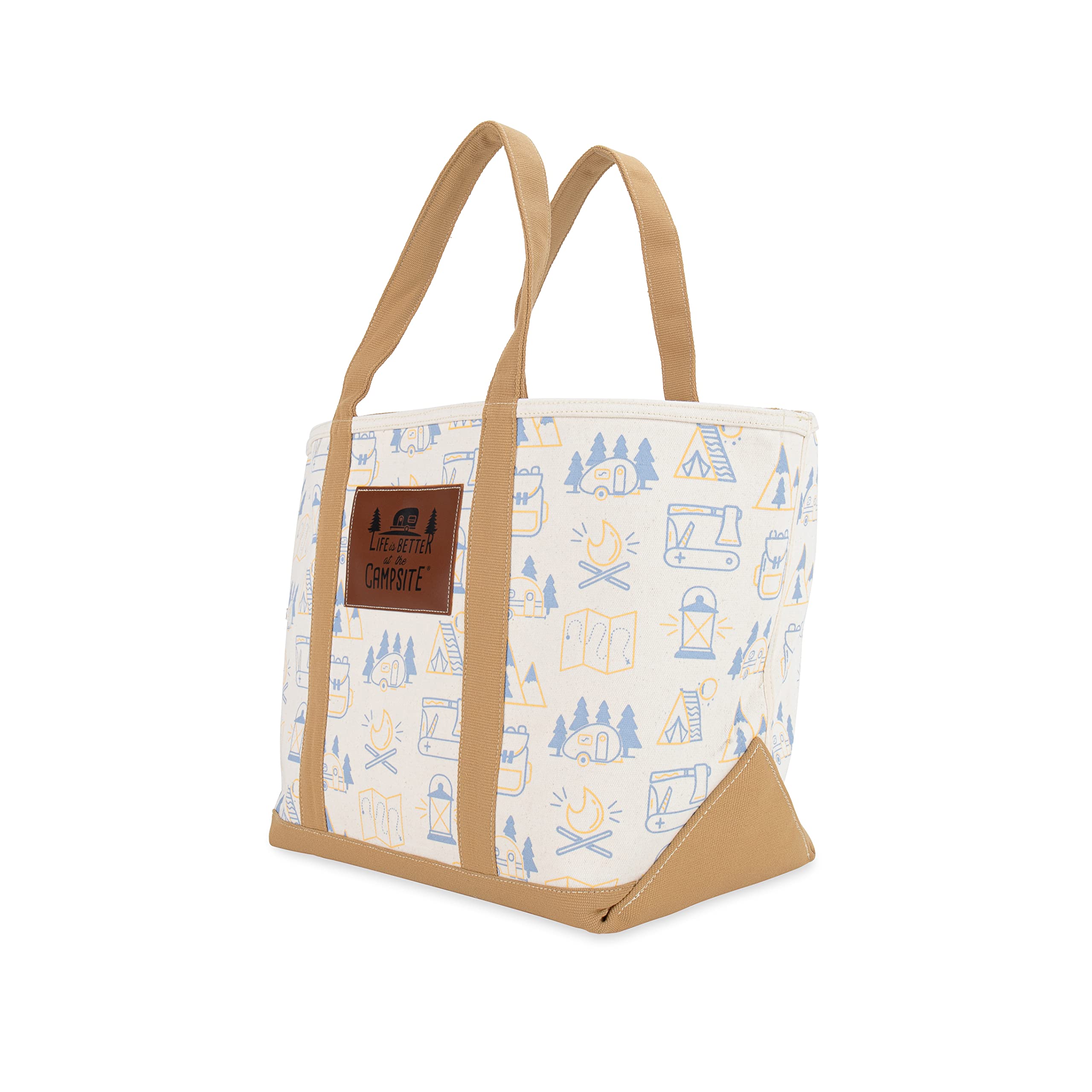 Camco Canvas Tote Bag Life is Better at The Campsite - Features Heavy-Duty Cotton Canvas Design with Reinforced Base, Unique RV-Themed Adventure Print, & Zippered Top Closure - 16x14.5x7.25 in (53127)