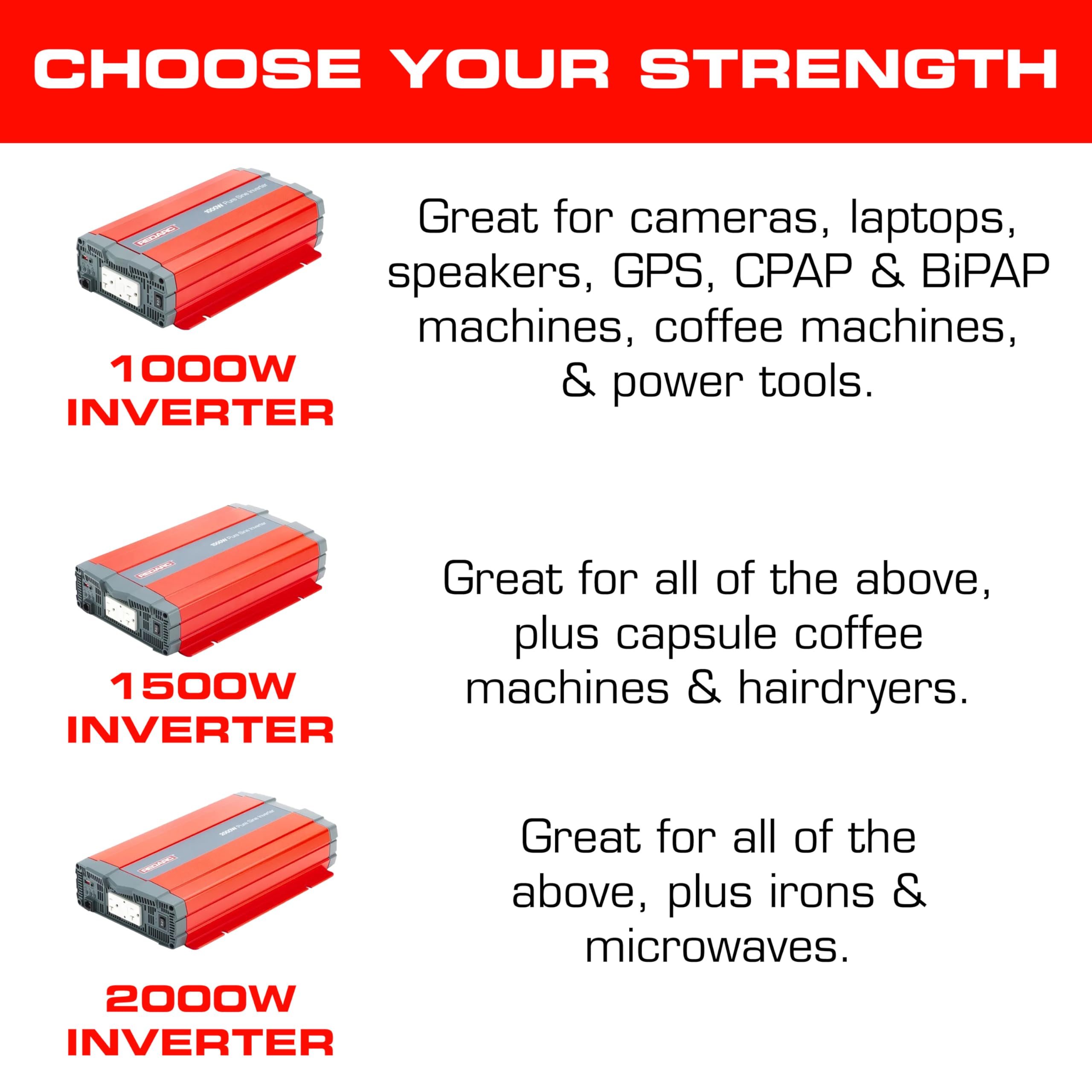 1500W REDARC Pure Sine Wave Inverter, 12V DC to 110 / 120V AC Power Converter, Portable Power Inverter, Connects to Car Battery System, Adapter for Camper, RV, Truck, Off-Grid Camping