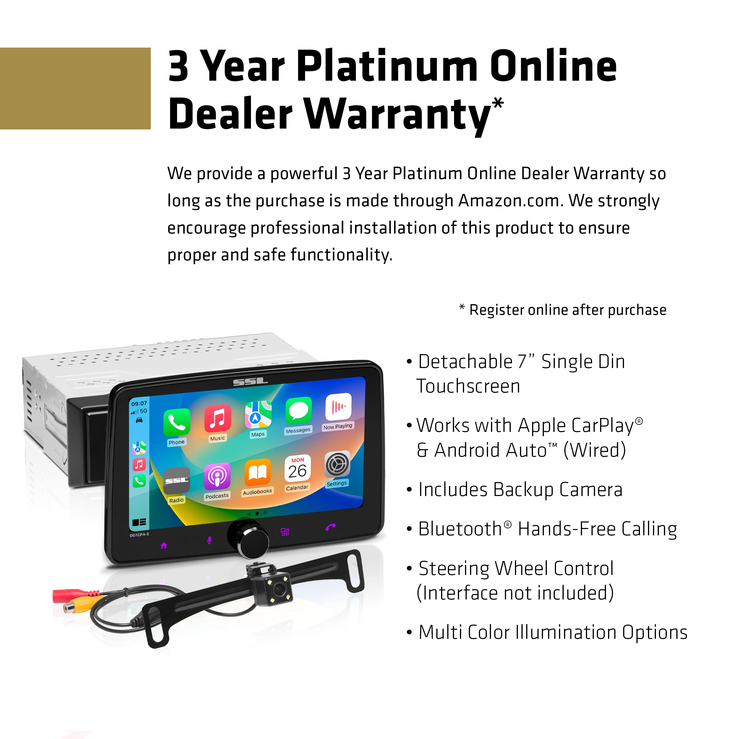 Car Stereo Sound Storm Laboratories DD7CPA-CS – Apple CarPlay, Android Auto, Single Din 7 Inch Touchscreen, Bluetooth, AM/FM Radio, Backup Camera