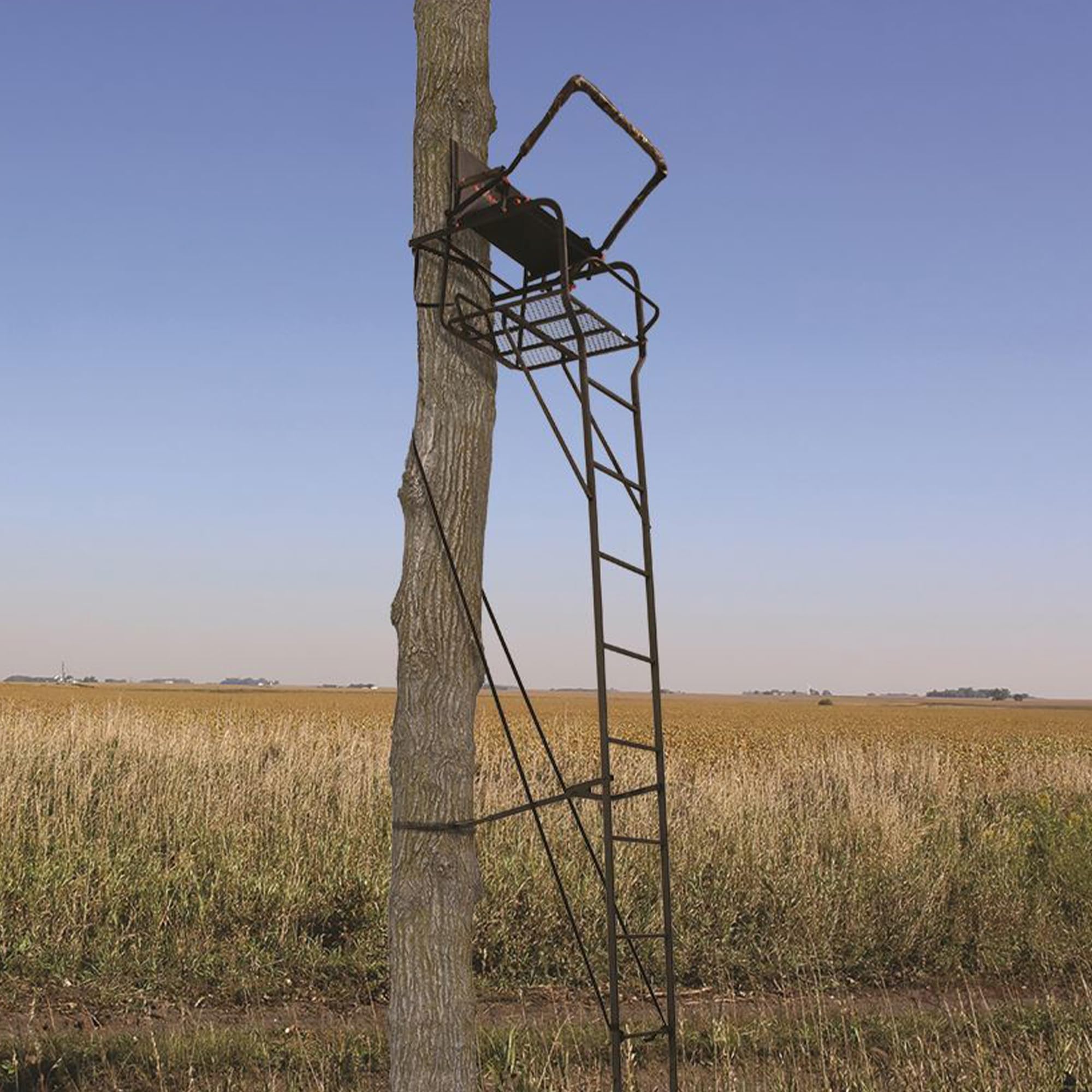 1-Person BIG GAME Ladder Tree Stand for Hunting Deer with Seat, Hunter, 18' Tall, Black - Adjustable Climbing Treestand with Platform and Safety Harness for Shooting