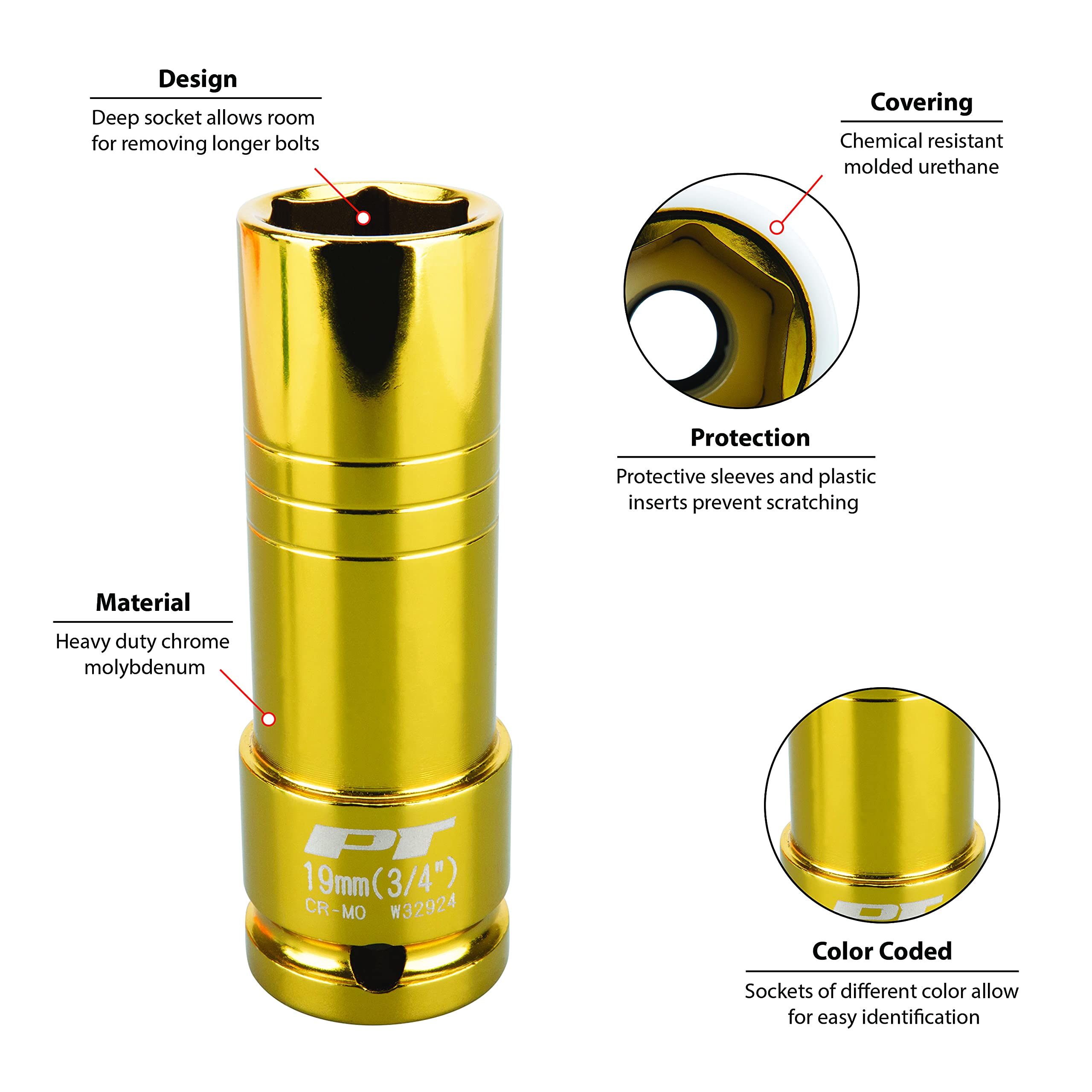 W32924 Performance Tool 1/2-Inch Impact Drive 19mm/3/4 Thin Wall Socket , Gold