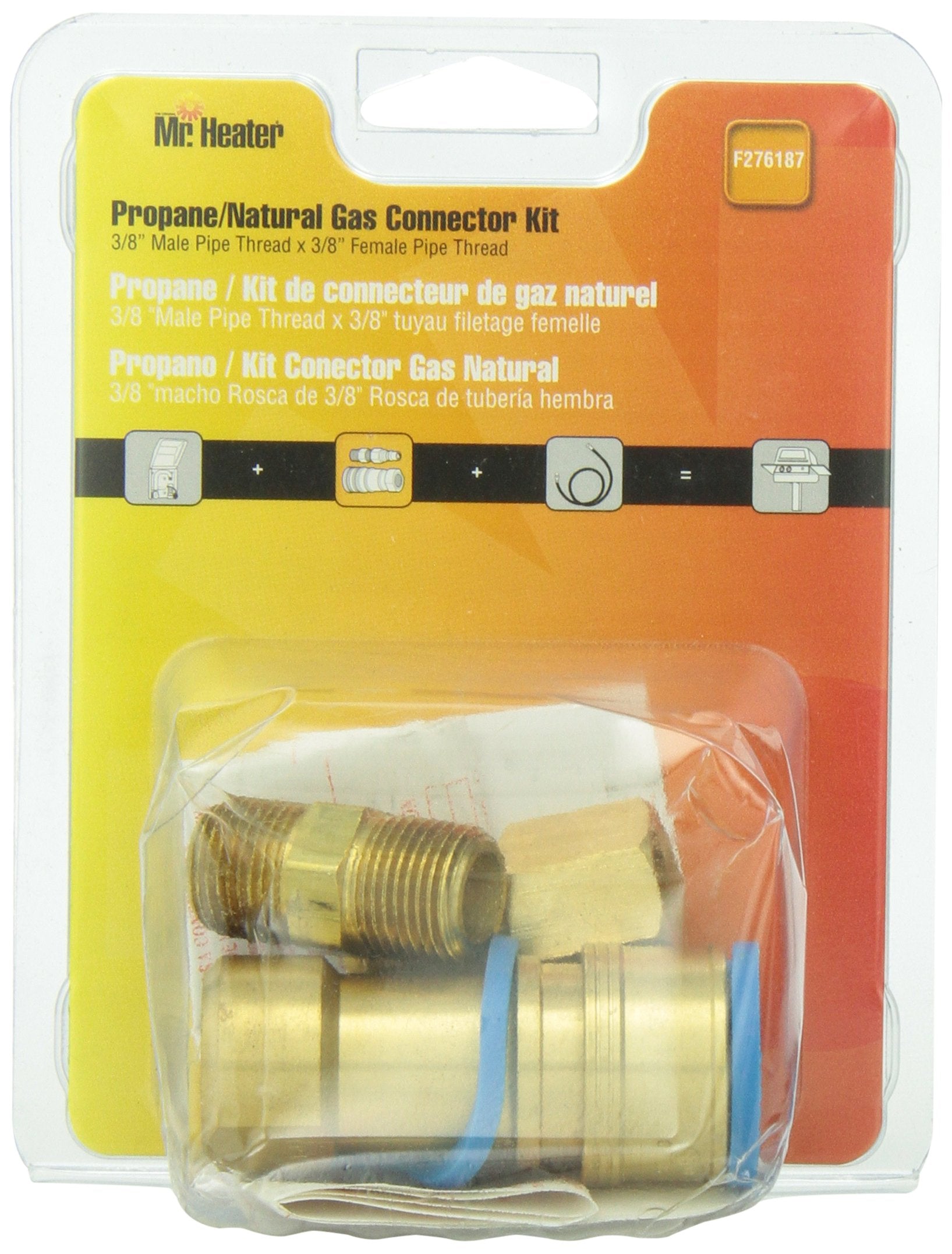 Mr. Heater F276187 Connector Kit Propane/Natural Gas 3/8 Male Pipe Thread x 3/8" Female Pipe Thread, Brass, Regular