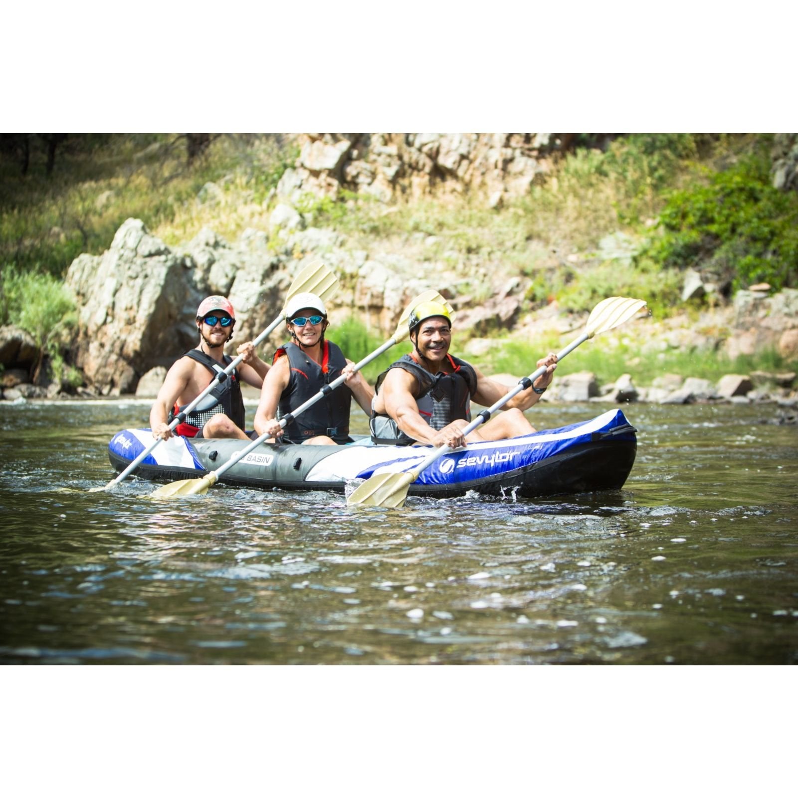 Sevylor 3-Person Big Basin Inflatable Kayak with Adjustable Seats & Carry Handles, Heavy-Duty PVC Construction for Rugged Use & Boston Valve for Easy Inflation/Deflation