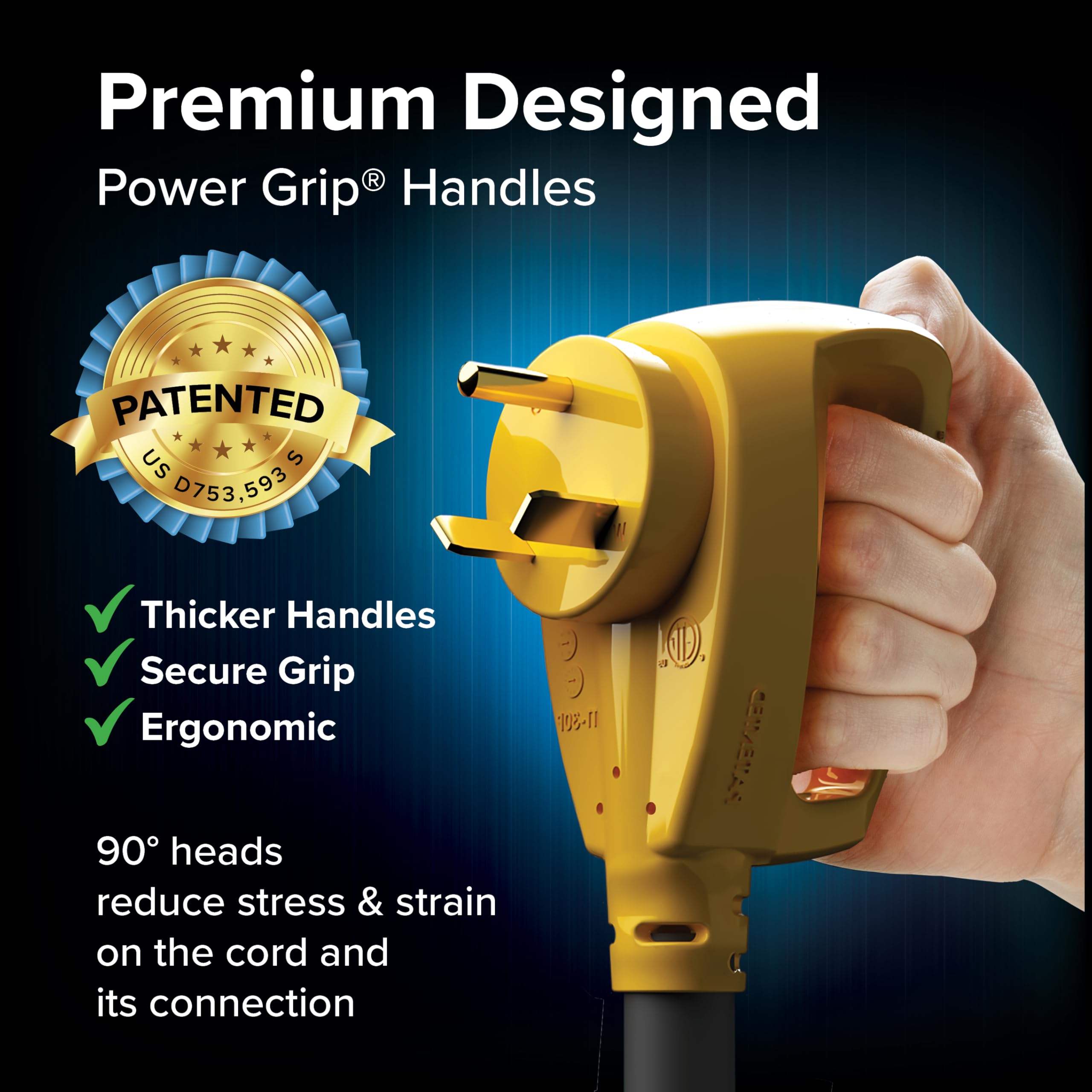 PowerGrip Camco 50-Ft 30-Amp Camper/RV Extension Cord - Standard 30-Amp Male & 30-Amp Female Connectors - Crafted of 10-Gauge Copper Wires w/Heat Resilient PVC Coating - Rated for 125V/3750W (55197)
