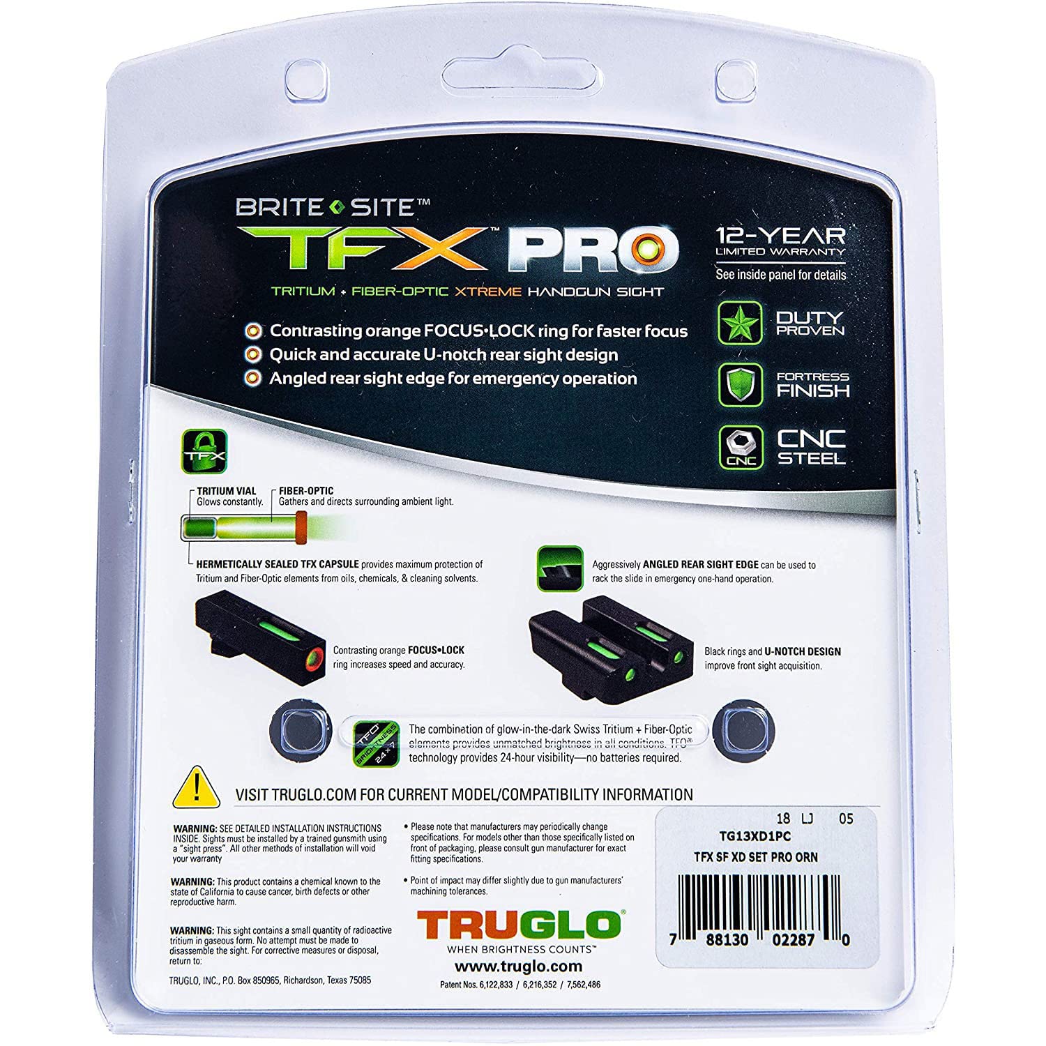 TruGlo Pro TFK Fiber Optic & Tritium Handgun Pistol Sight Accessories w/Fortress Finish Protection & Angled Rear Sight for Springfield XD Models