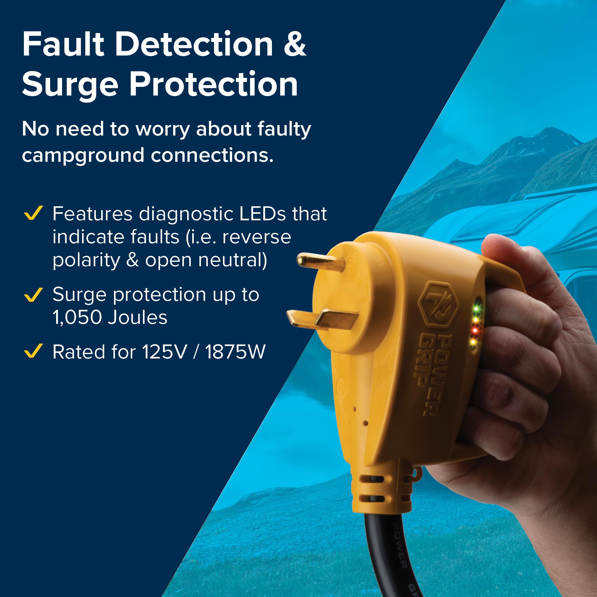 Camco Power Grip 30-Amp RV 12" Circuit Analyzer Dogbone - Features Integrated Surge Protection & Fault Indication, 12", 30-Amp Male to 15-Amp Female, 125V / 1875W (55461)