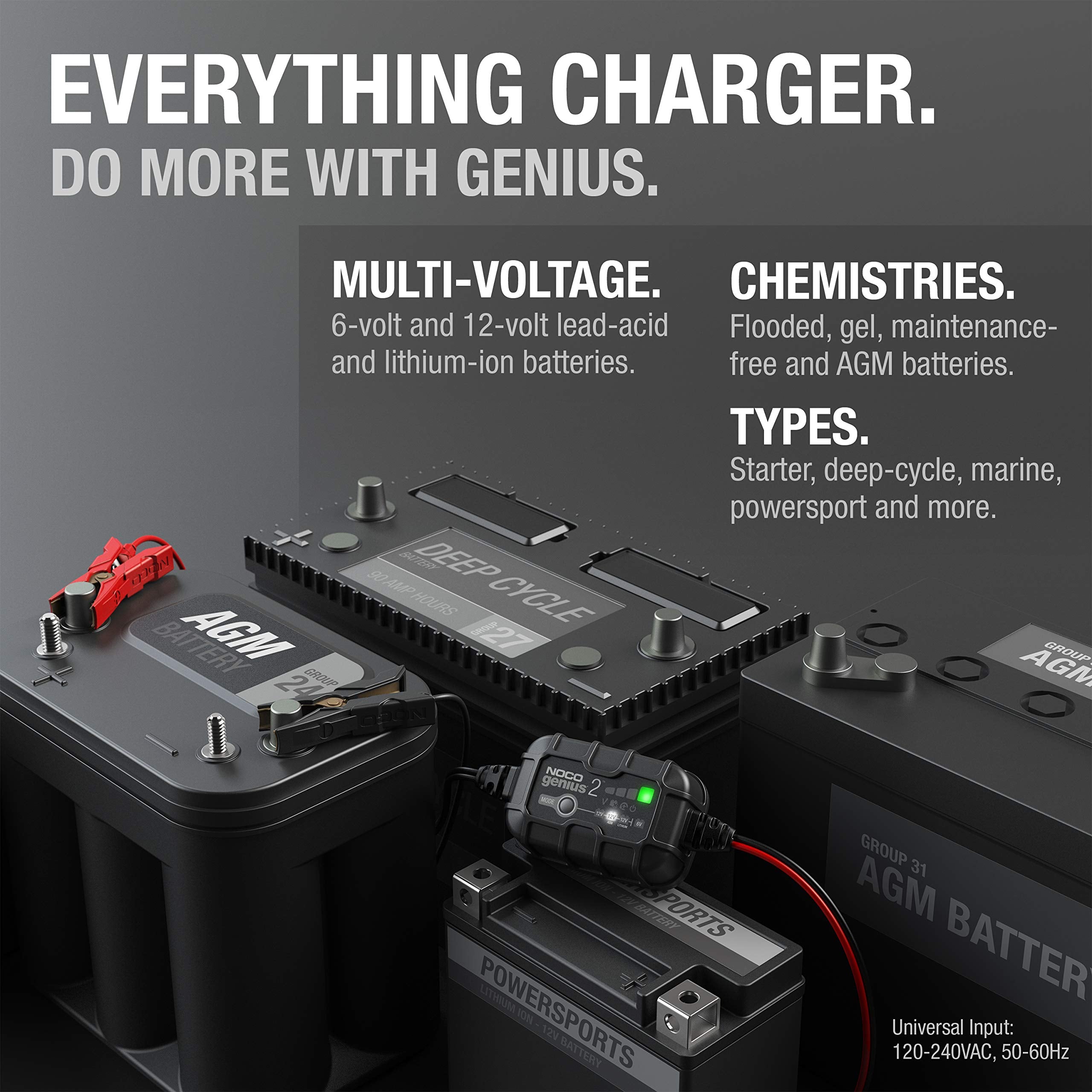 GENIUS2 NOCO: 2A 6V/12V Smart Battery Charger – Automatic Maintainer, Trickle Charger & Desulfator with Overcharge Protection & Temperature Compensation – for Lead-Acid & Lithium Batteries