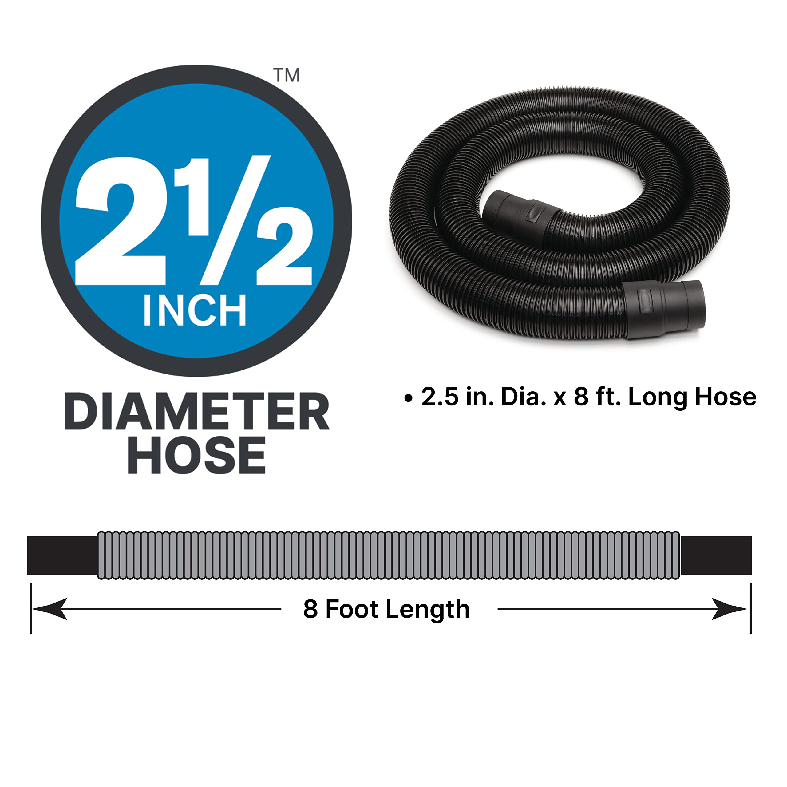Vacuum Hose Shop-Vac 9050333 for Standard or Locking Inlets, 8-Foot x 2.5 Inch Diameter, Prevents Clogging With Bulky Debris, (1-Pack)