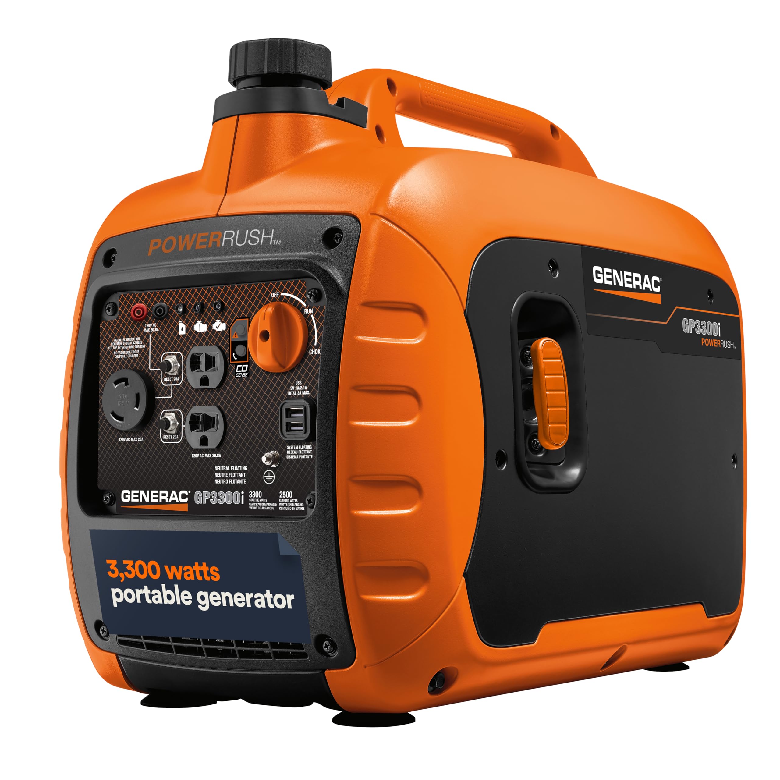 GP3300i Generac 7153 3,300-Watt Gas-Powered Portable Inverter Generator - Lightweight Design - USB Ports for Mobile Device Charging - COsense Technology - CARB Compliant, Orange/Black