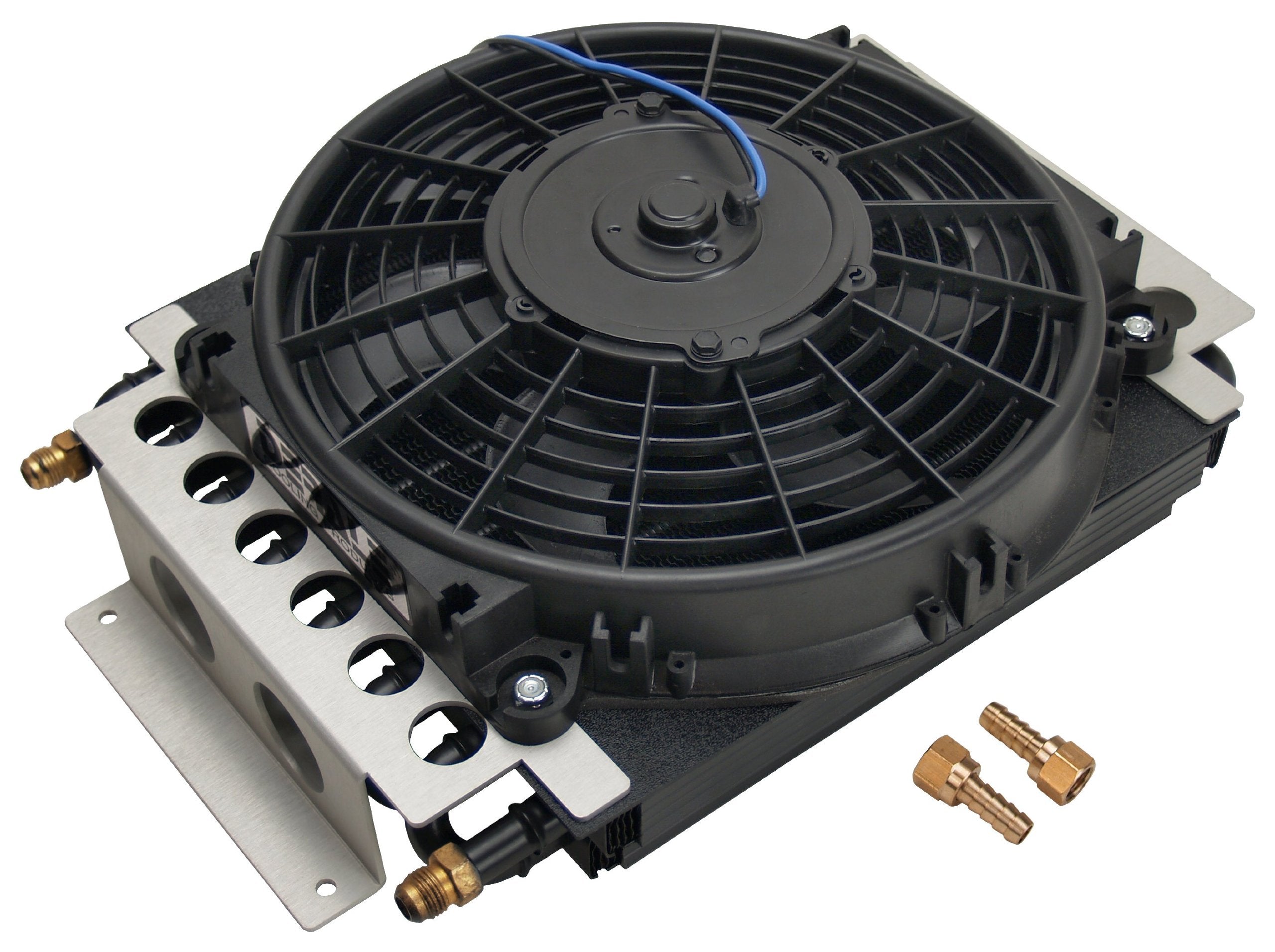 Fluid Cooler and Fan, 15-3/4 x 11-1/2 x 5 in, Tube Type, Fittings, 6 AN Male Inlet/Outlet, Aluminum/Copper, Black Powder Coat, Universal, Each