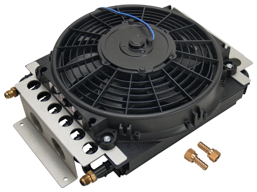Fluid Cooler and Fan, 15-3/4 x 11-1/2 x 5 in, Tube Type, Fittings, 6 AN Male Inlet/Outlet, Aluminum/Copper, Black Powder Coat, Universal, Each
