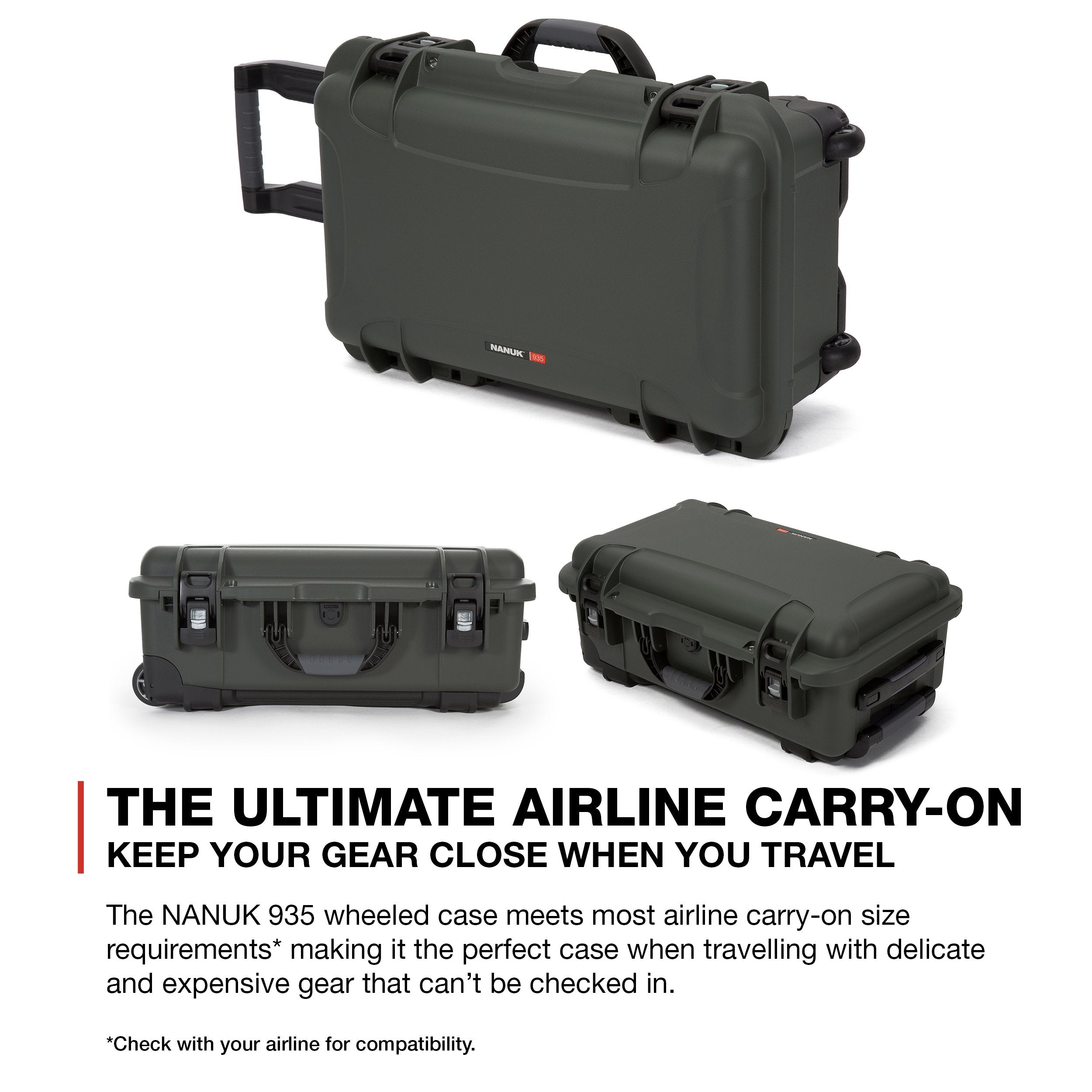 Protective Travel Case Nanuk 935 for 3 Bottles of Wine w/Wheels and Extendable Handle, TSA Approved - Olive (935-3BTLS6)