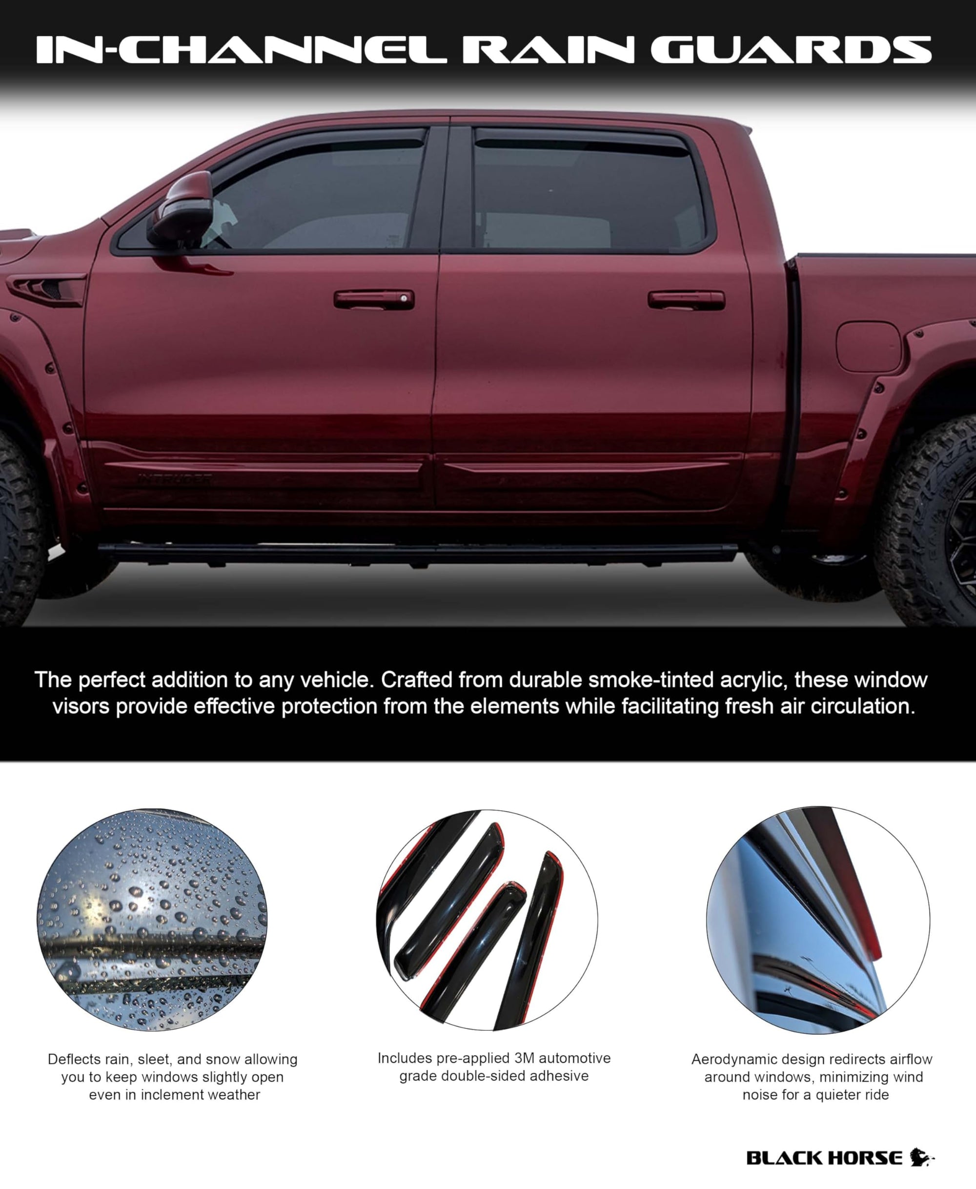 Off Road Black Horse [BHOR] in Channel Rain Guards/Wind Deflectors Compatible with 2023-2024 Chevrolet Colorado|2023-2024 GMC Canyon Crew Cab Smoke 4 PCs - 1494218IN