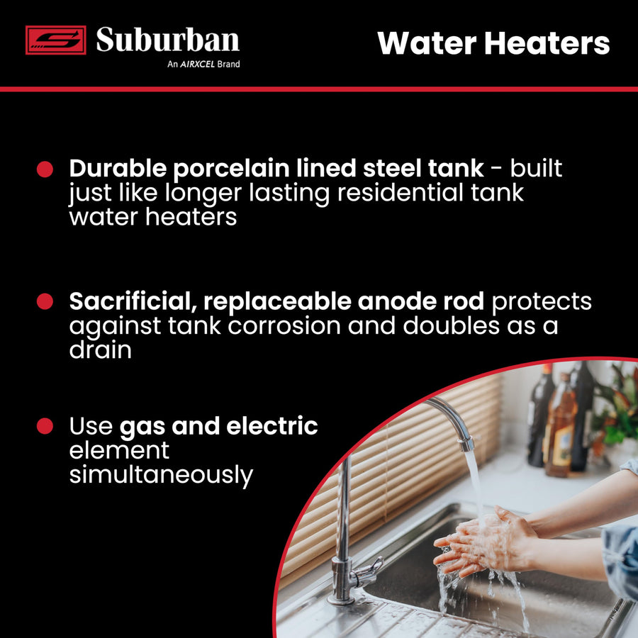 Suburban RV Advantage Tank Water Heater SW10DE - 10 gallon Porcelain Lined Steel Tank with Direct Spark Ignition (DSI) and Incoloy Electric Element (5243A)