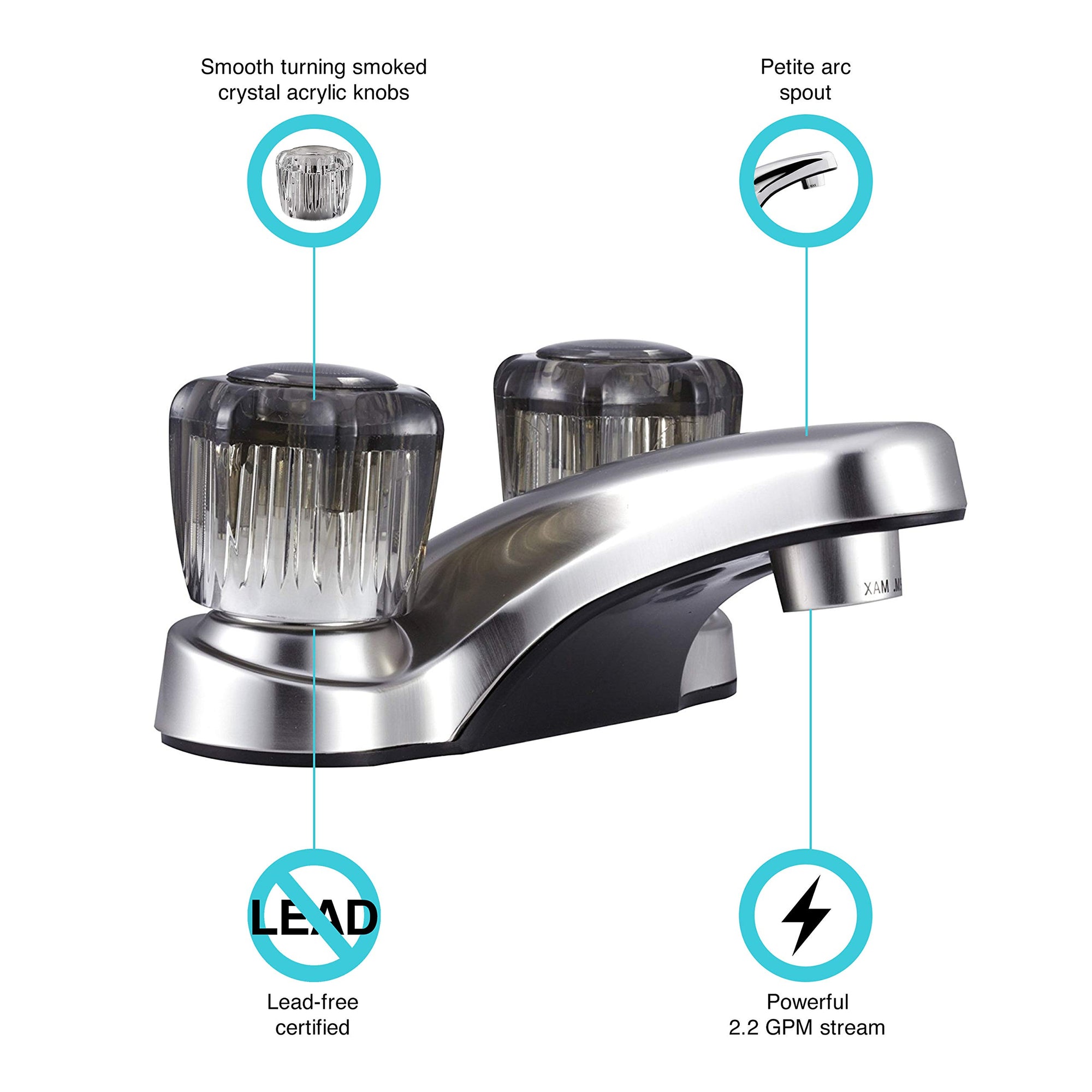 Dura Faucet RV Bathroom Faucet DF-PL700S-SN with Smoked Acrylic Knobs (Brushed Satin Nickel)