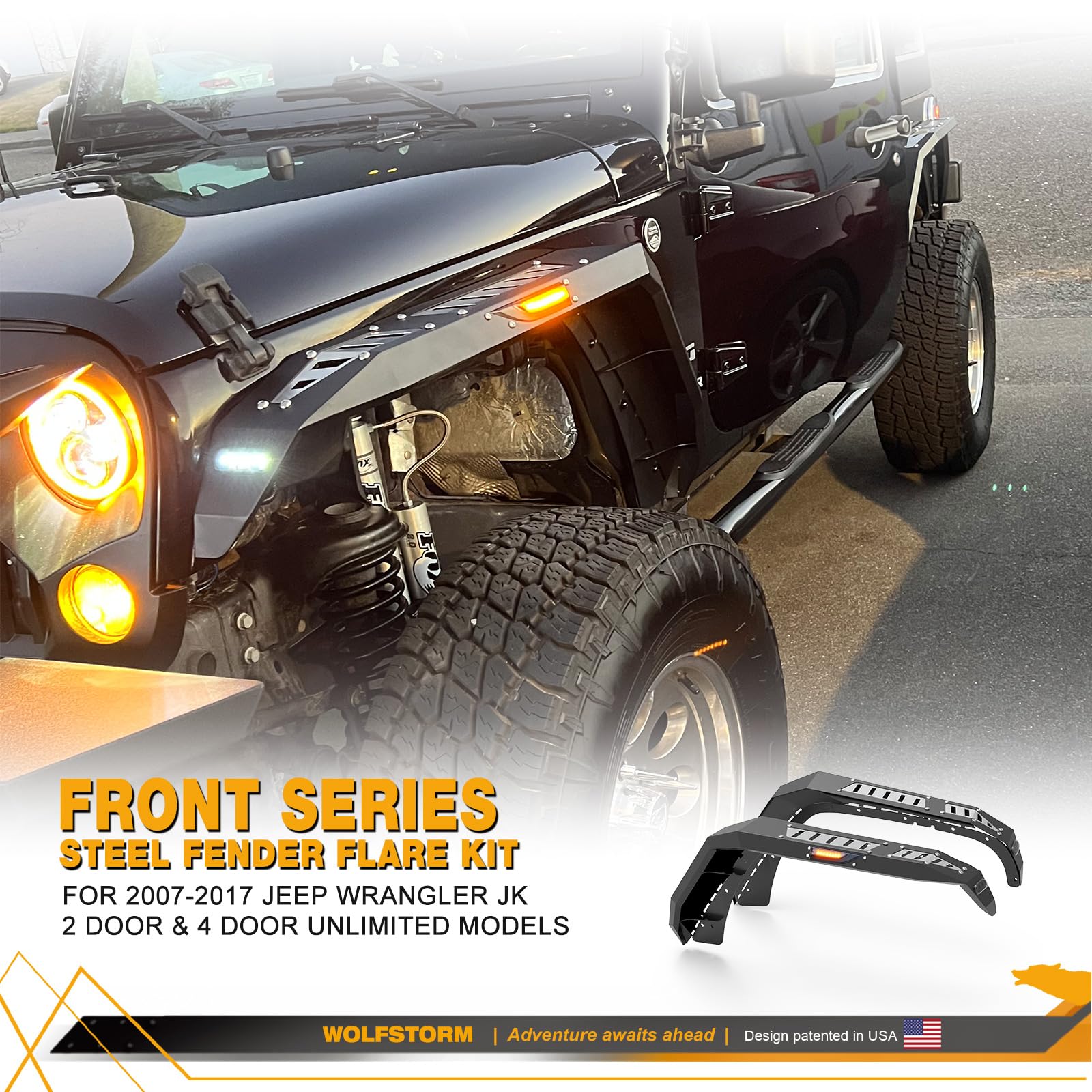 WOLFSTORM Fender Flares Front for 2007-2018 Jeep Wrangler JK/JK,Sequential Turn Signal Light and DRL Light Function Design,2007-2018 Jeep JK Front Fender Flares Replacement Accessories,Right+Left