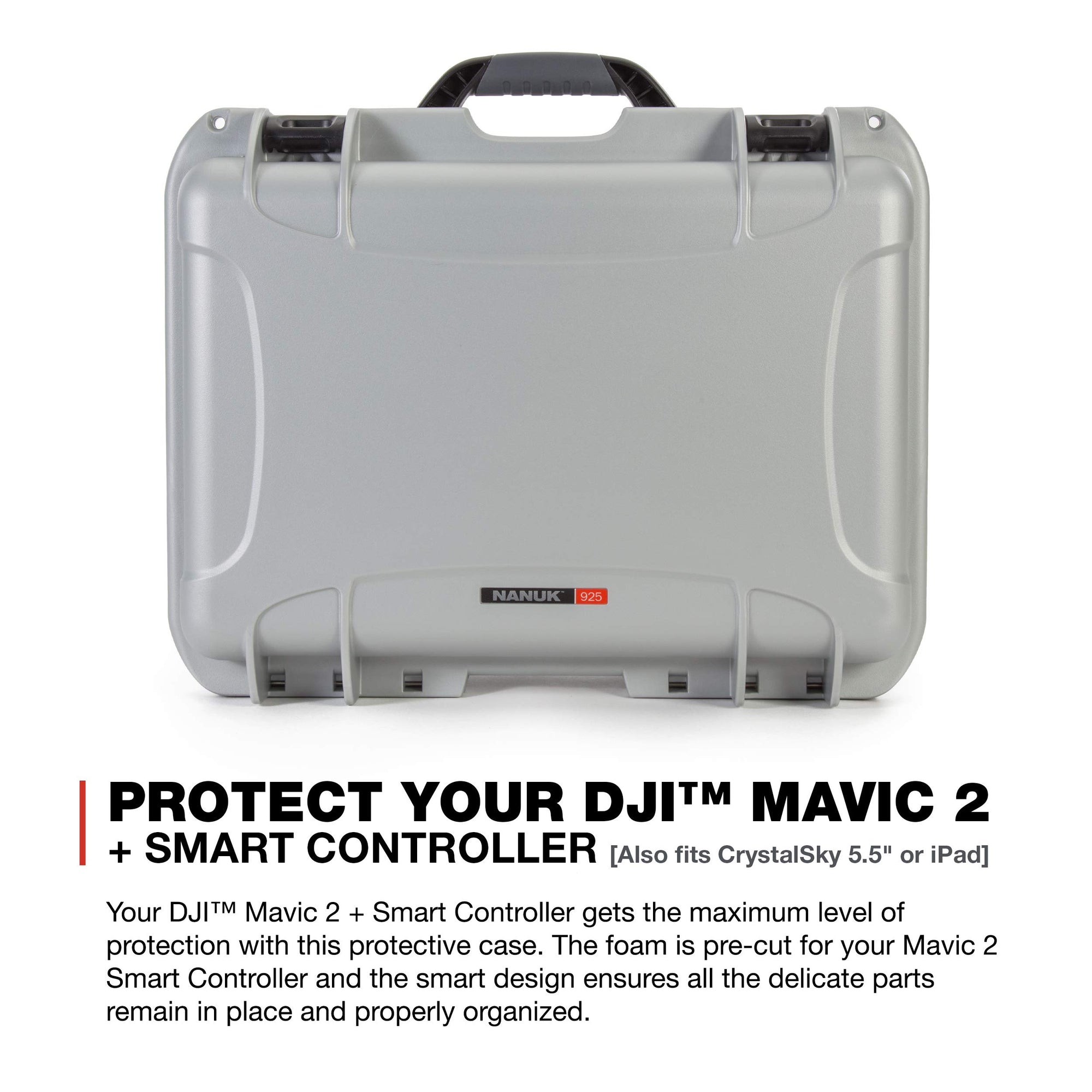 Nanuk Waterproof Hard Case 925 with Foam Insert for DJI Mavic 2 Pro|Zoom + Smart Controller, Crystalsky 5.5" or iPad - Silver