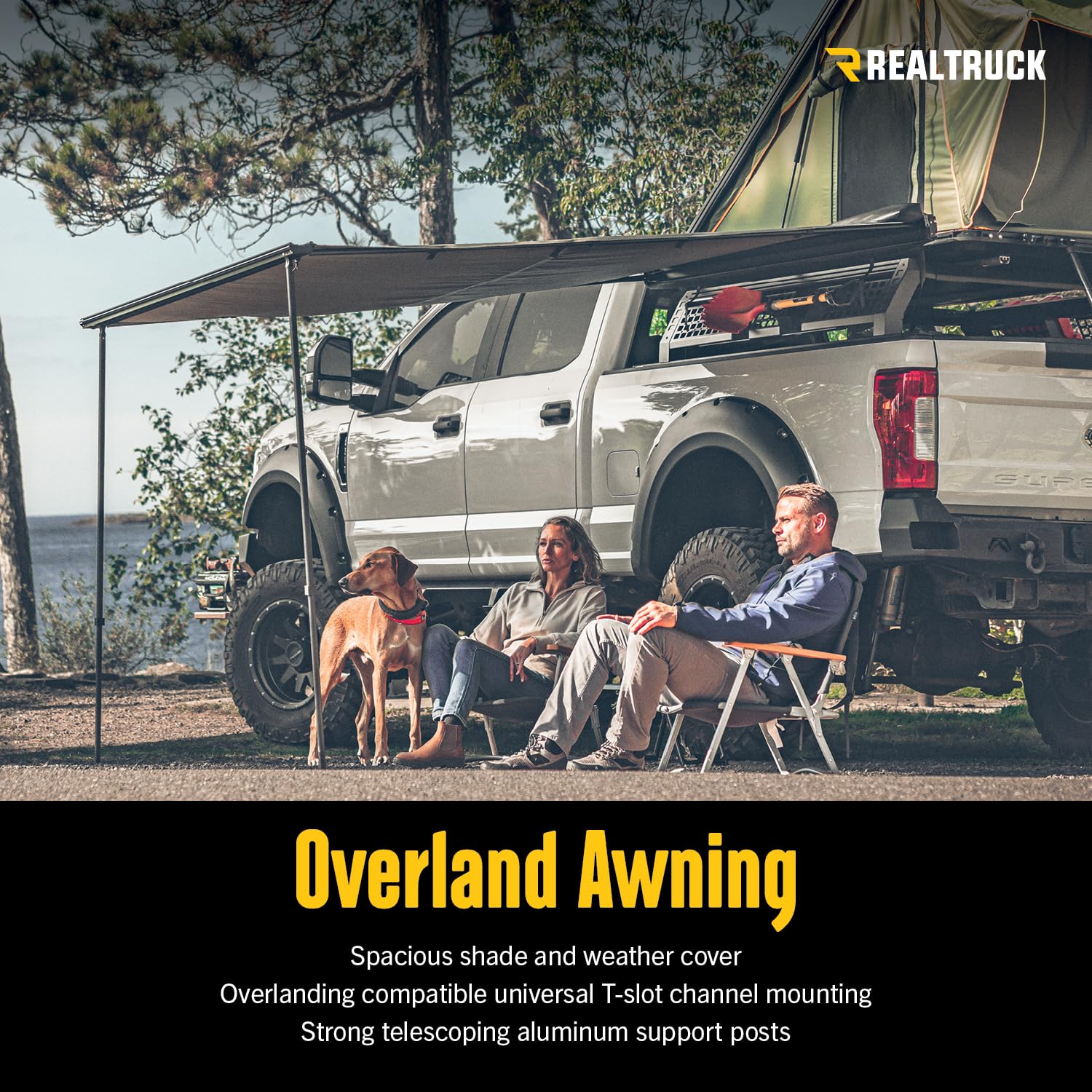 Overland Awning RealTruck | 6.5' Wide x 8.2' Deep, Telescoping Aluminum Support Posts, Mounts to Universal T-Slot Channel, Quick & Easy Setup | OL-103