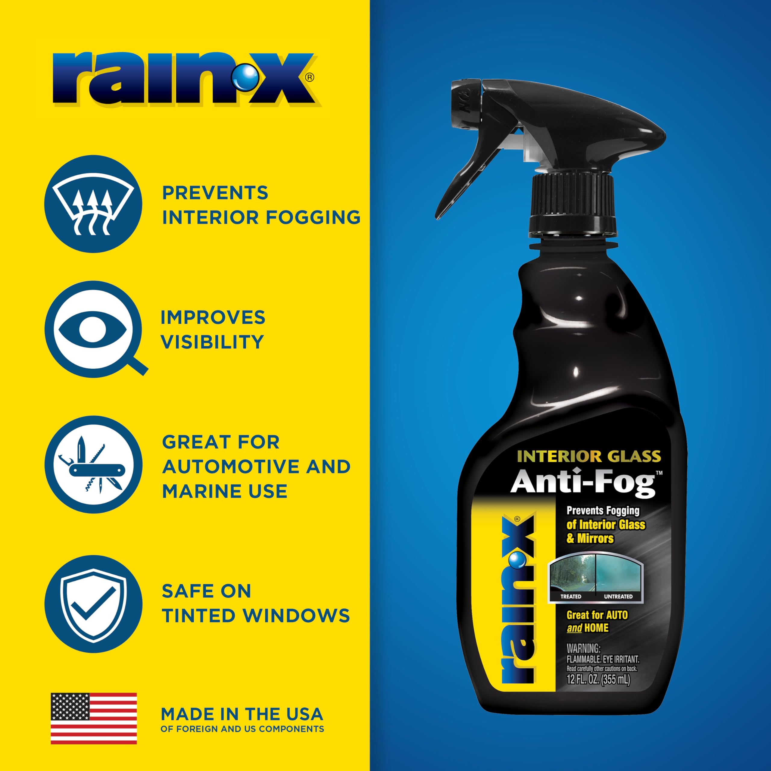 Rain-X Interior Glass 630046 Anti-Fog, 12 oz. - Prevents Fogging of Glass and Mirrors Interior, Usable on Both Automobiles and Marine Vehicles