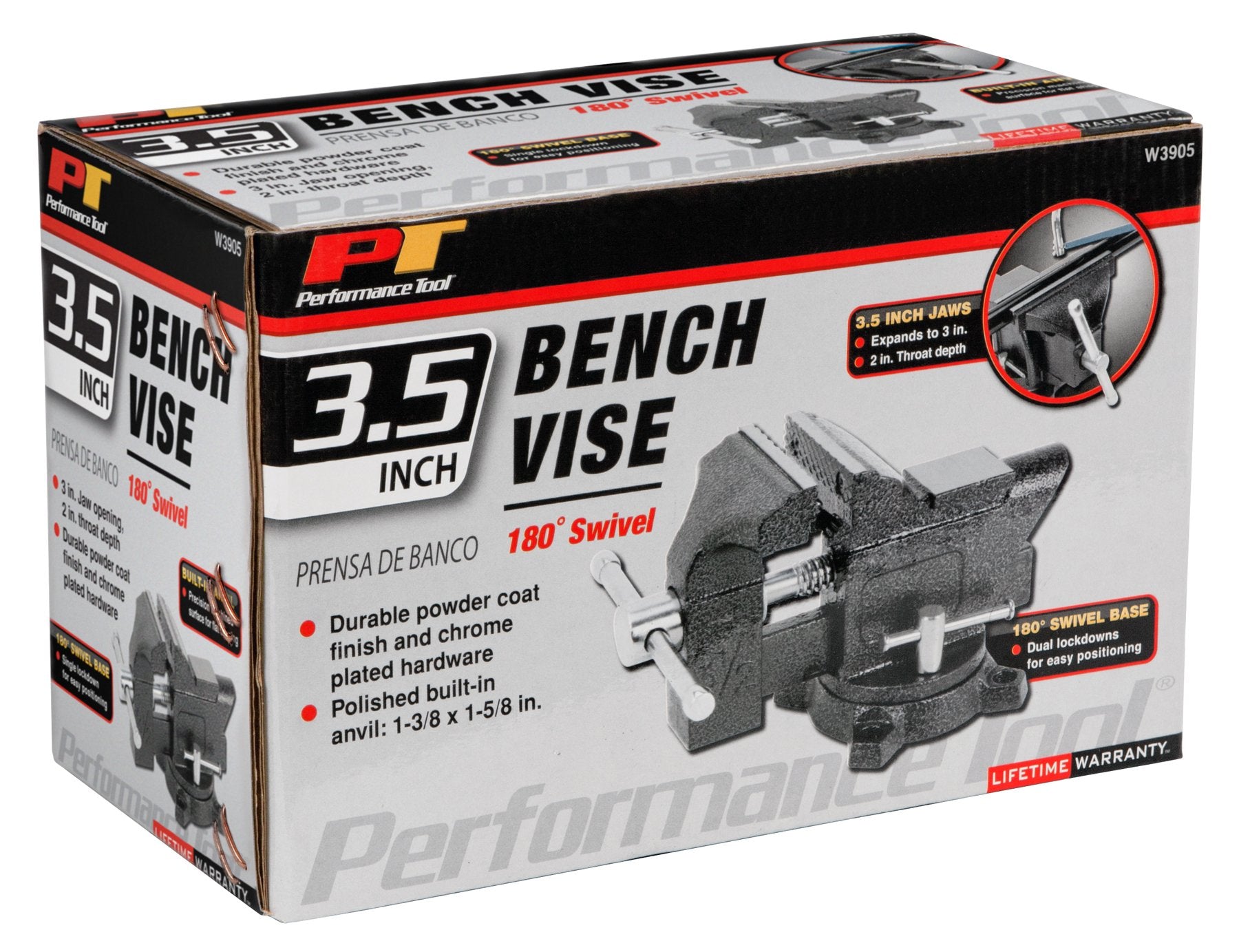 3-Inch Jaw Opening Performance Tool W3905 Bench Vise with 180º Swivel Base and Built-in Anvil, Durable Powder Coat Finish and Chrome Plated Hardware