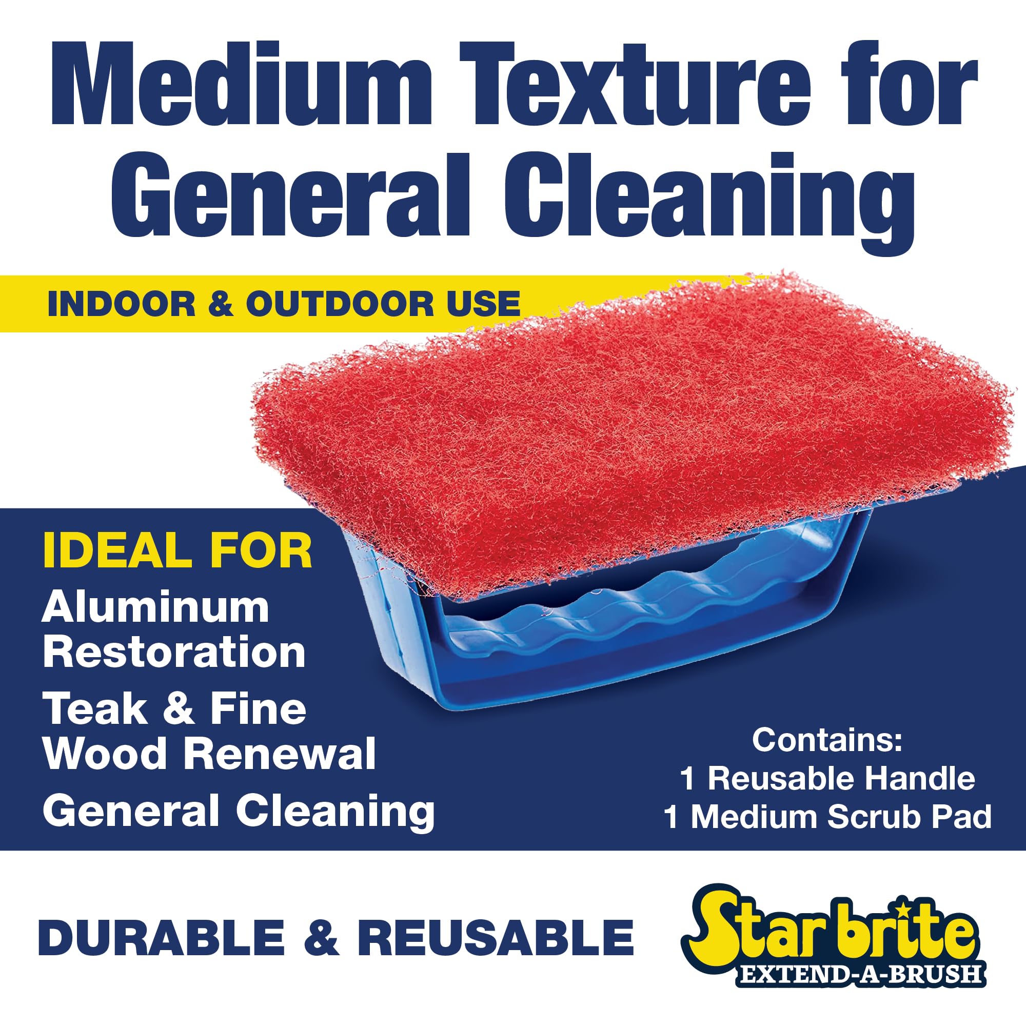 Medium Red Scrub Pad STAR BRITE with Interchangeable Handle - Versatile Cleaning for Most Tasks Including Aluminum Restoration, Teak & Fine Wood Cleaning (Red) Medium (040130)