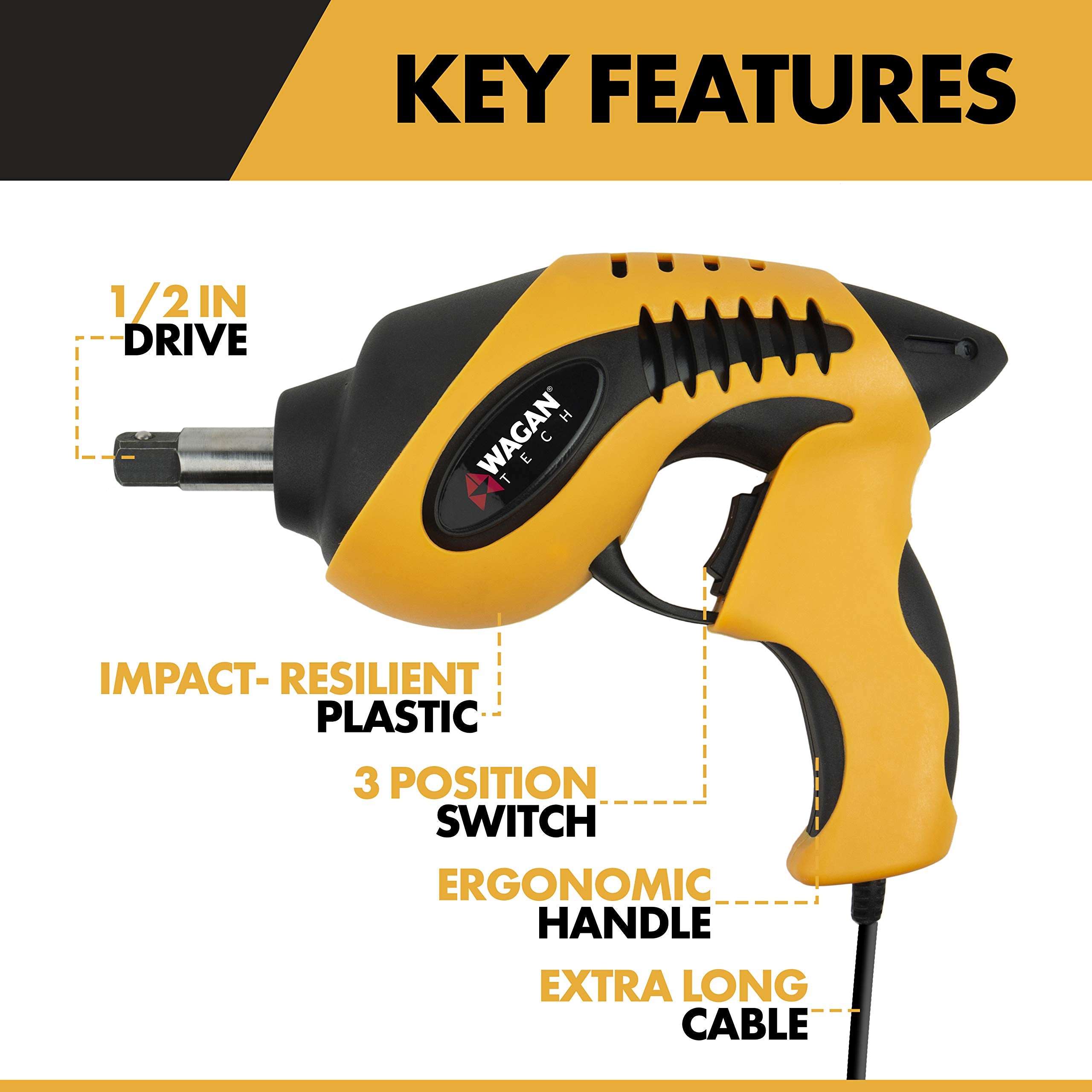 12V Wagan EL2288 Roadside Impact Wrench, 1/2 inch Drive, 258 ft-lbs Torque Power, Tire Repair Tools with Sockets and Carry Case