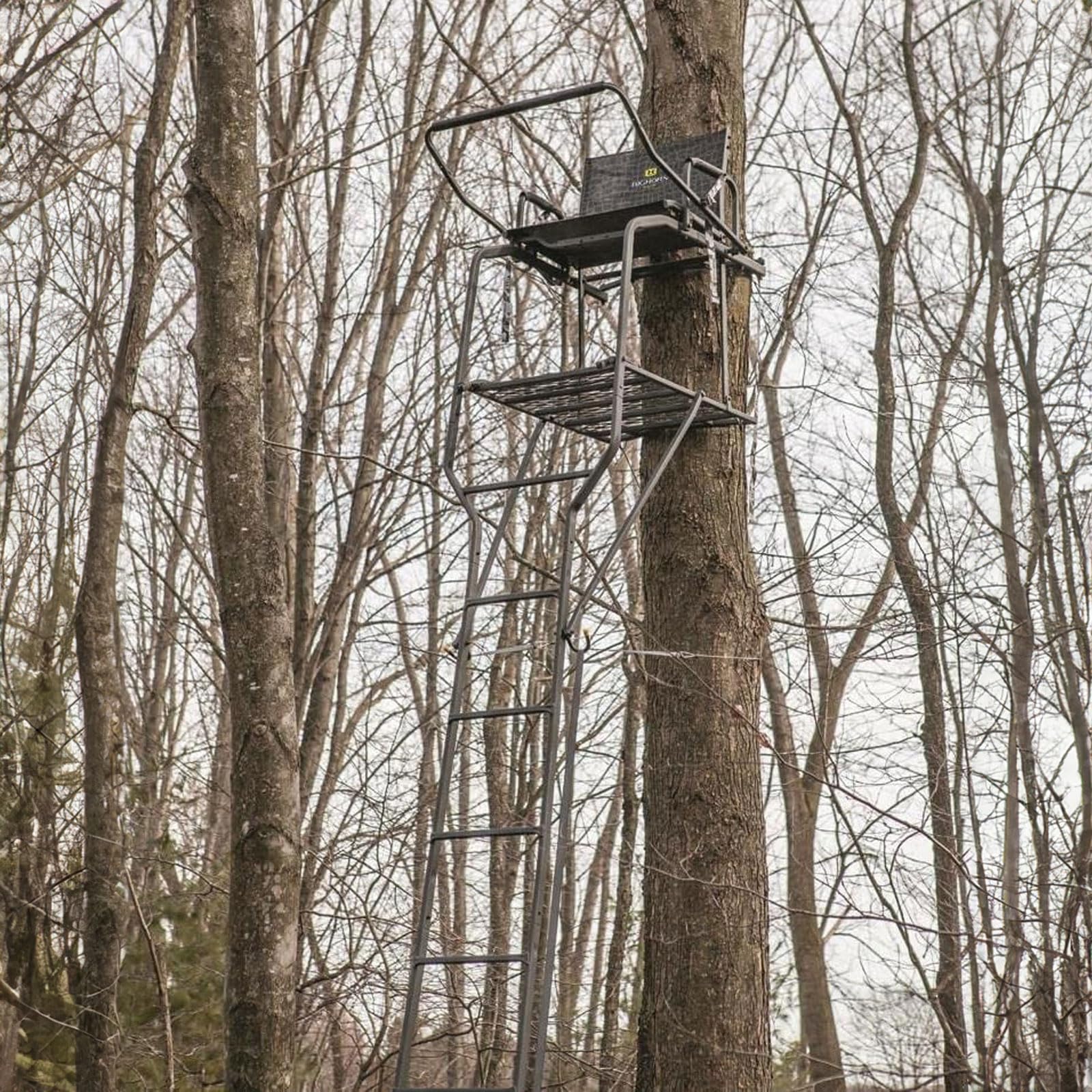 20' Hawk 1.5-Man Bighorn Ladder Stand | Durable Hunting Archery Steel Tree Stand with Chair, Kick-Out Footrest, Flip Back Shooting Rail