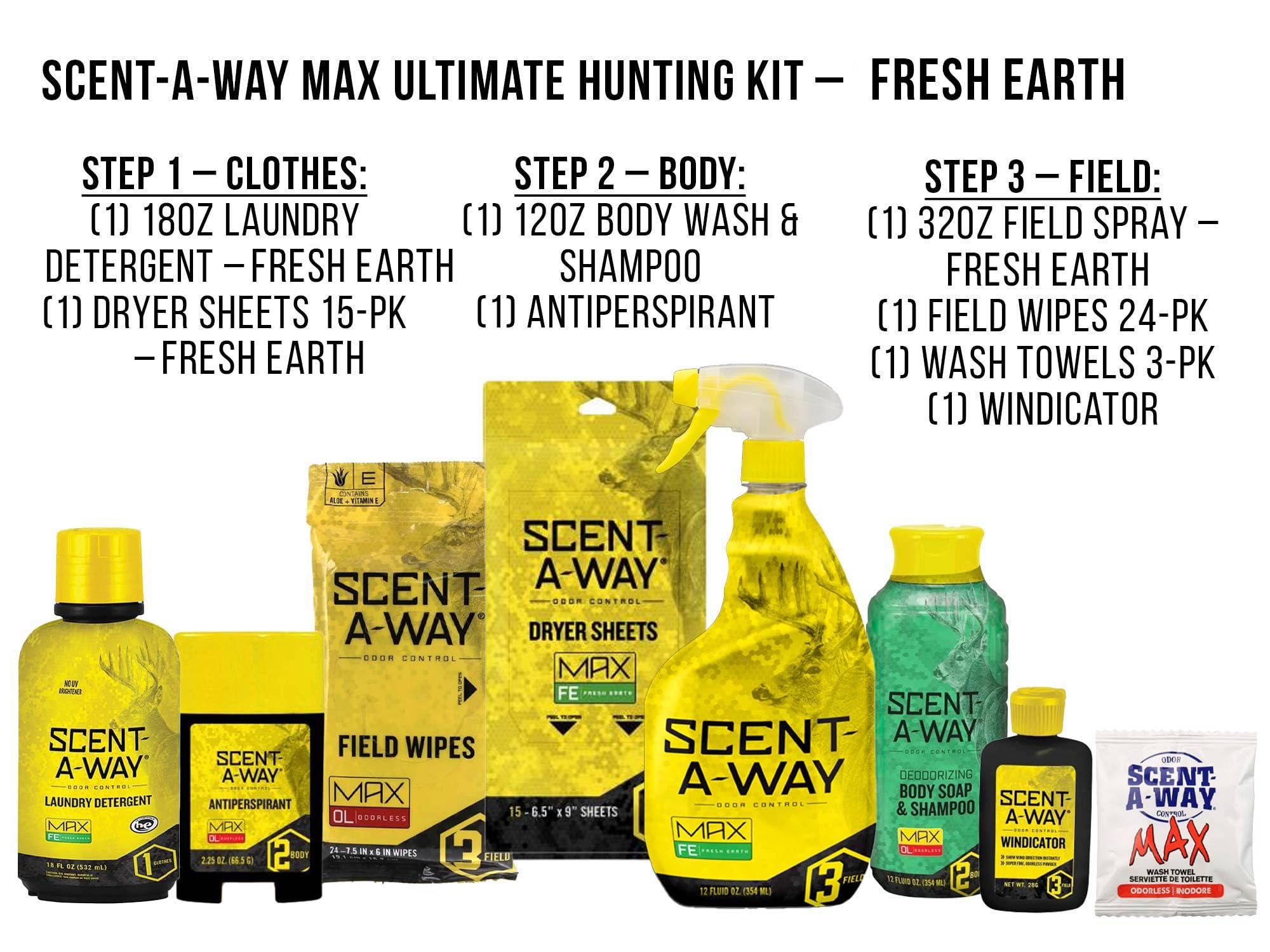 Hunters Specialties Saw Max Fresh Earth Ultimate Hunting Kit - 18Oz Laundry Detergent, 15 Dryer Sheets, 12oz Shampoo, Antipersperant, 32Oz Field Spray, 24 Field Wipes, 3 Wash Towels, Windicator