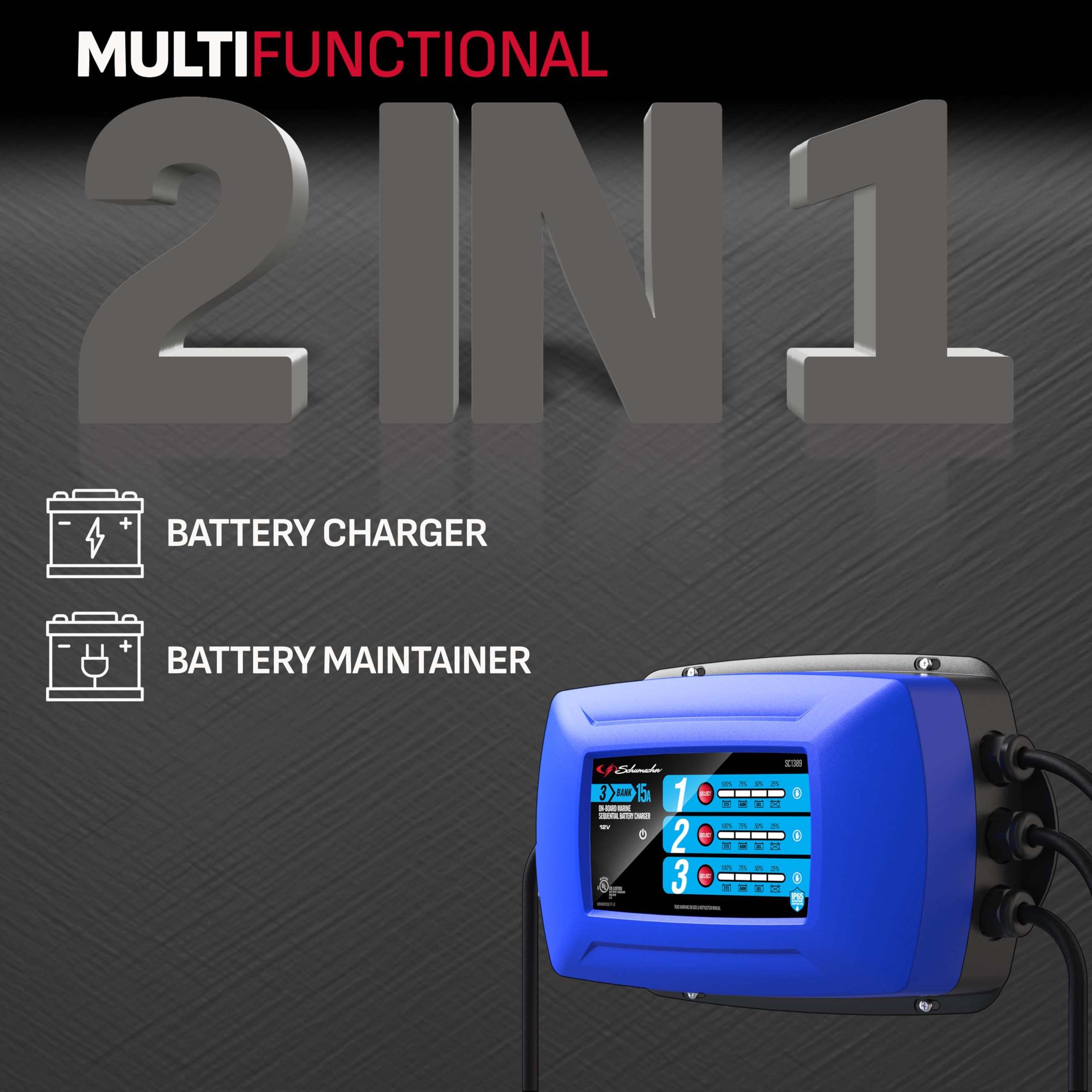Fully Automatic Schumacher-SC1389 Direct-Mount 3-Battery Charger and Maintainer - 15 Amp, 12V - for Marine Batteries