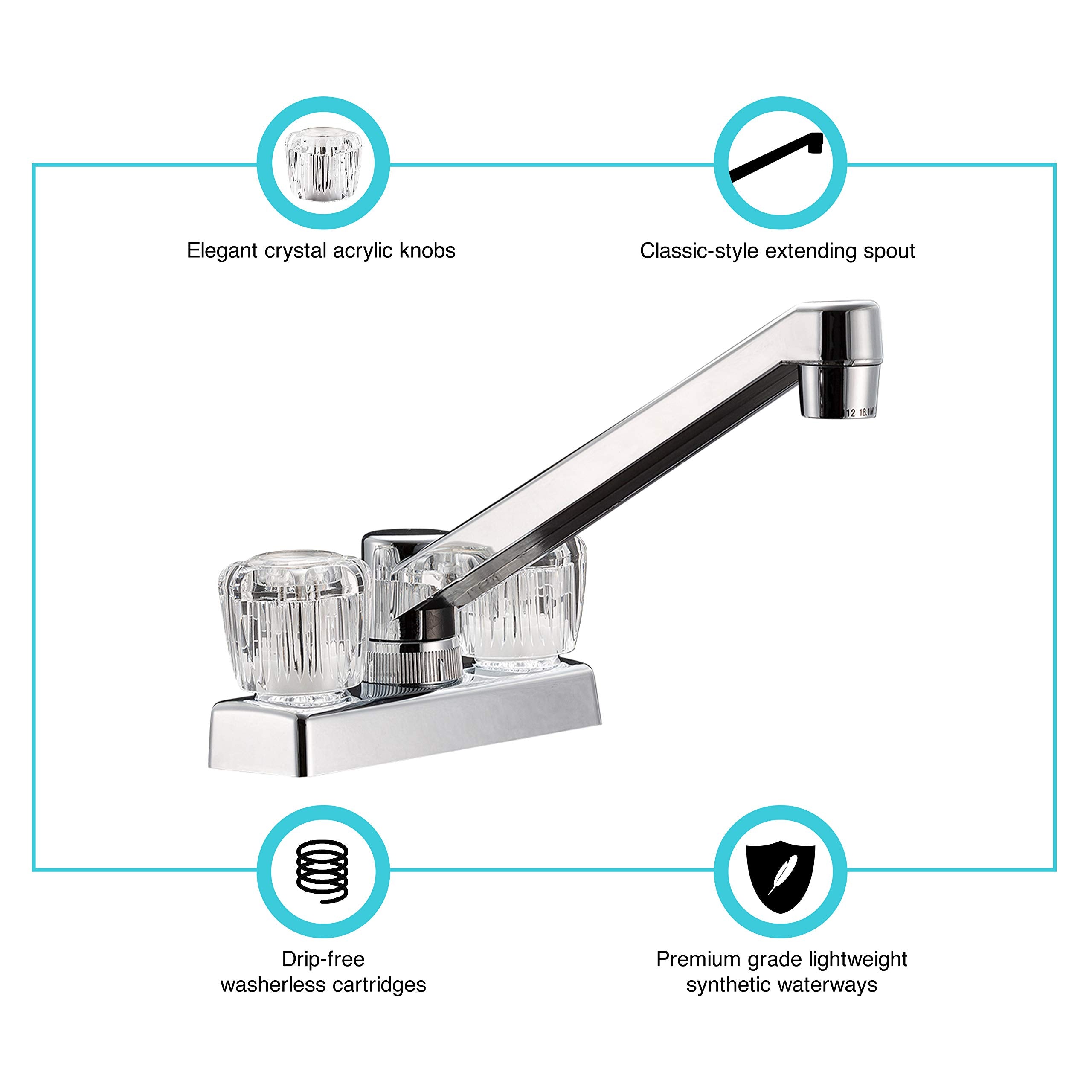 Dura Faucet RV DF-PK640A-CP Kitchen, Galley or Bar Swivel Faucet with Crystal Acrylic Knobs (Chrome)
