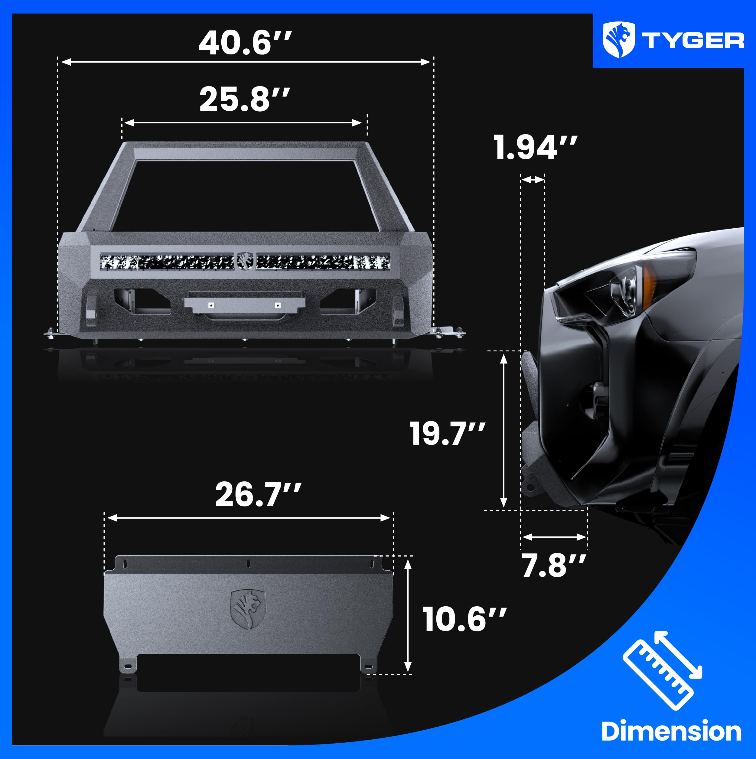 Tyger Auto Fury Bumper Center Guard + Light Bar Compatible with 2014-2024 Toyota 4Runner (Exclude Limited; Nightshade; TRD Sport) | Winch Plate | D-Ring | Textured Black | Rock Crawler | TG-BP7T32428