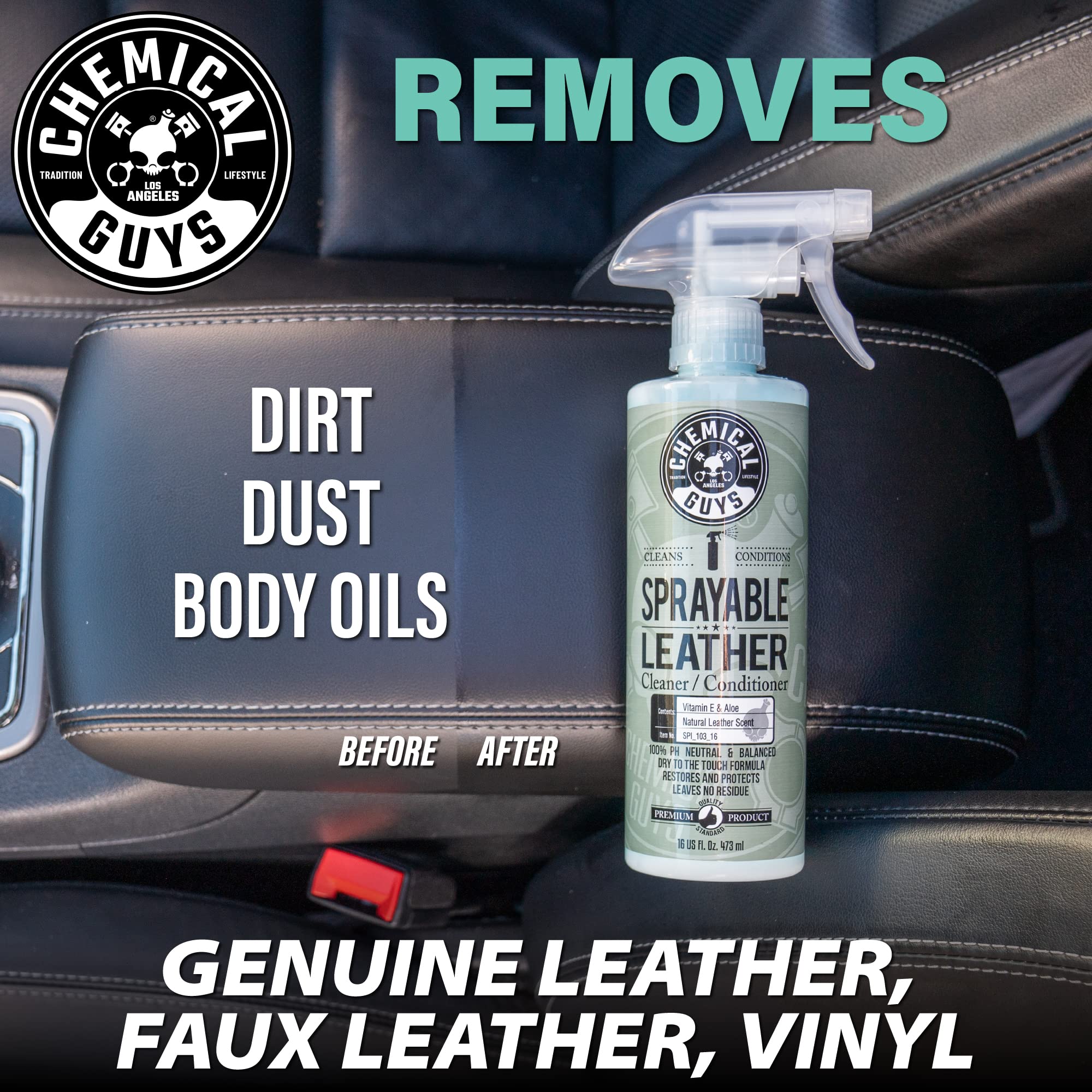 Chemical Guys Leather Cleaner and Conditioner Sprayable in One - Cleans, Conditions, and Protects Leather, Vinyl, Faux & More, Safe for Cars, Furniture & Apparel - 16 oz