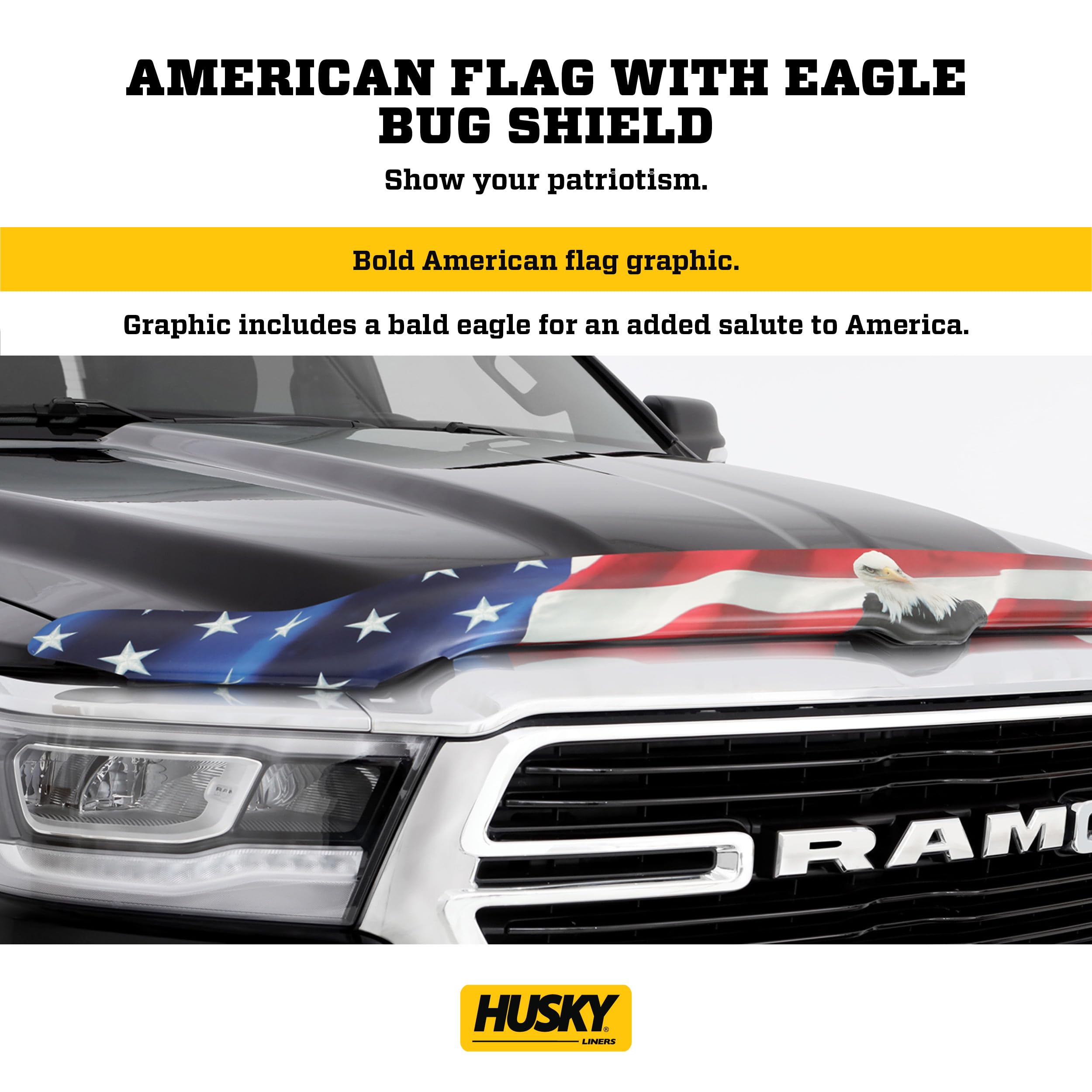 Husky Liners Hood Protector | American Flag w/Fits 2019-2026 Ram 1500 Exludes Rebel & TRXHigh Profile/Bug Shield - 1 pc., Multi-Colored-USA | 2818953