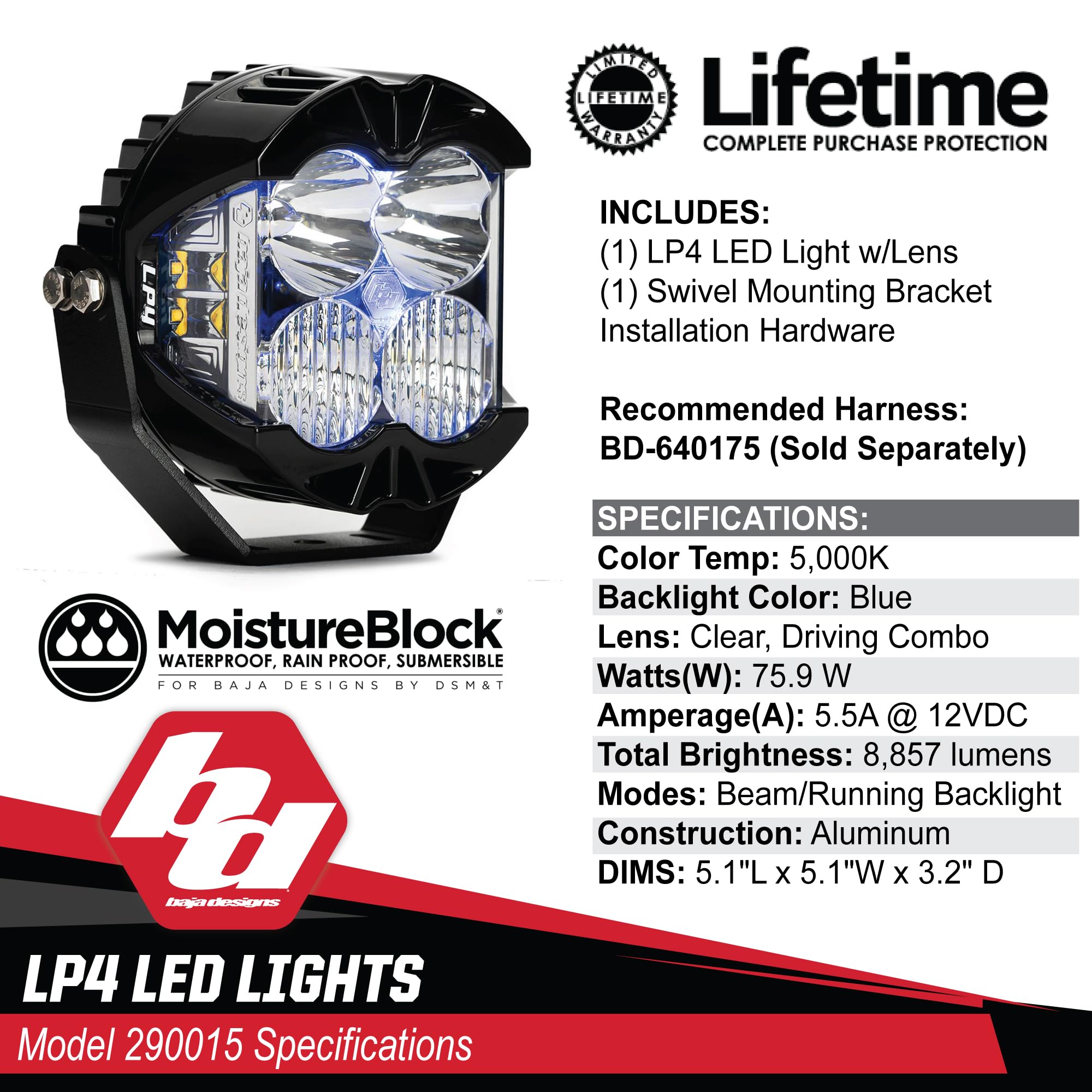 LP4 Pro Baja Designs LED Light Pod with Backlight - Universal Fit, Lifetime Protection (Driving/Combo; Blue)