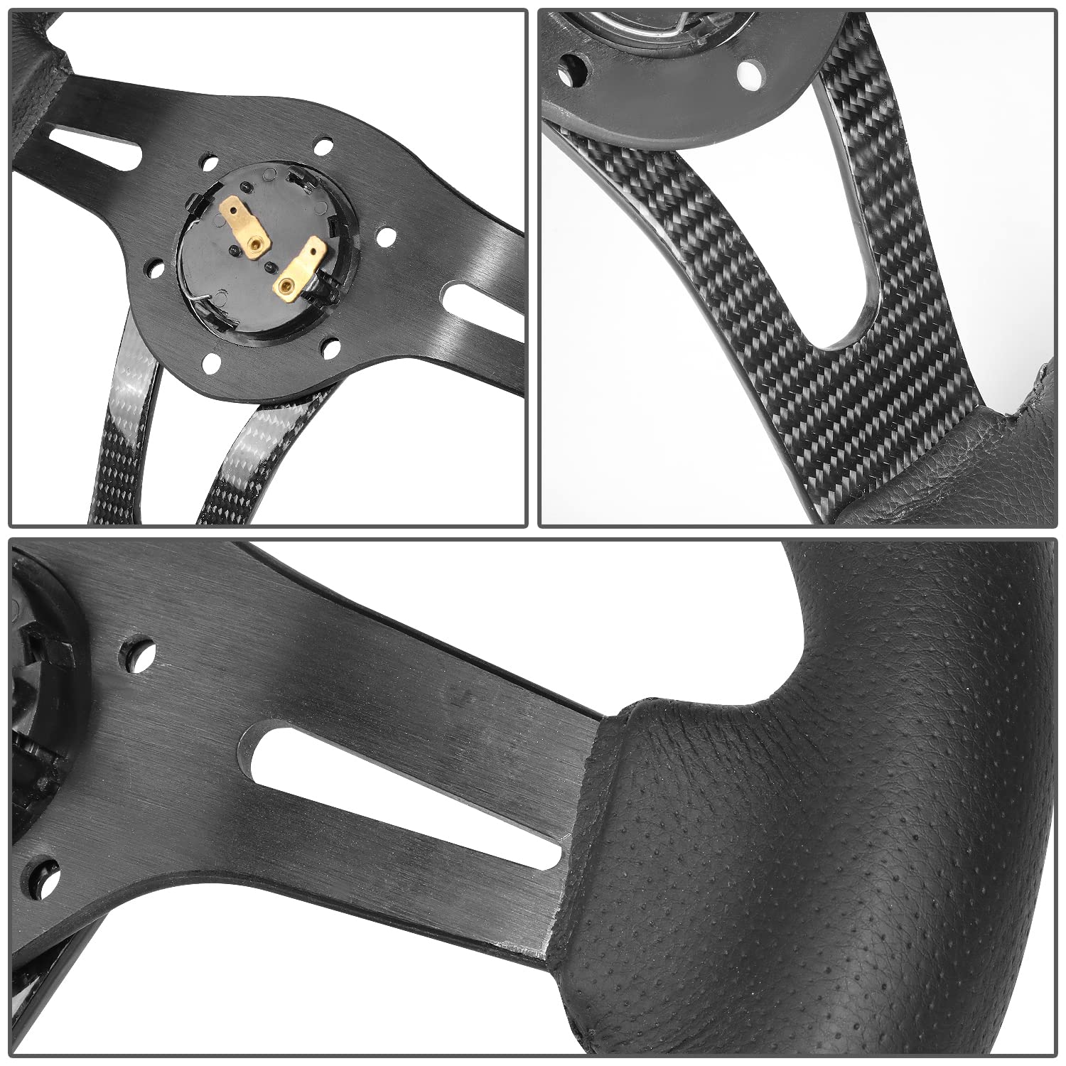 NRG Innovations Reinforced NRG-RST-002RCF Steering Wheel 320mm Sport Lightweight with Carbon Center Spoke, Black Leather and Rivets