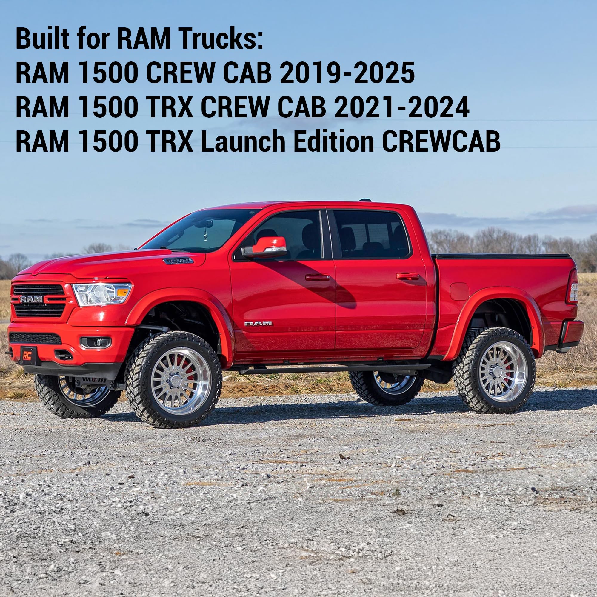 Power Running Boards Rough Country for Ram 1500 Crew Cab (2019-2026) 1500 TRX (2021-2024) - Dual-Motor Electric Retractable Side Steps with LED Truck Step Lights