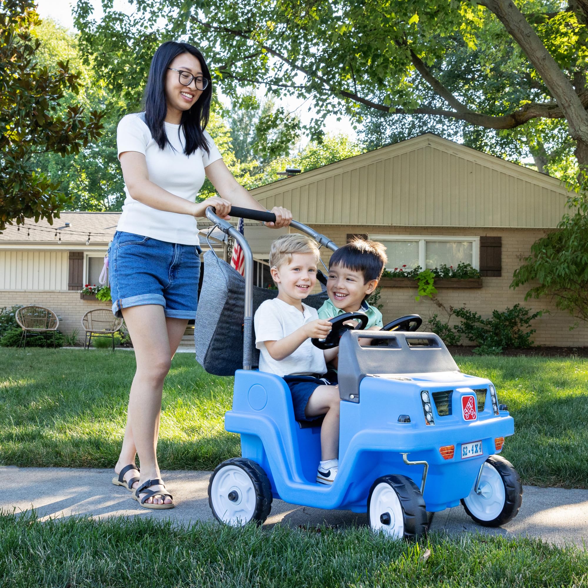 Step2 Push Around Side-by-Side SUV, 2-Seater Kids Car with Seat Belts, Dual Steering Wheels & Horns, Adjustable Canopy, Ages 18 months–5 years, Max 100 lbs., Durable Plastic, Blue