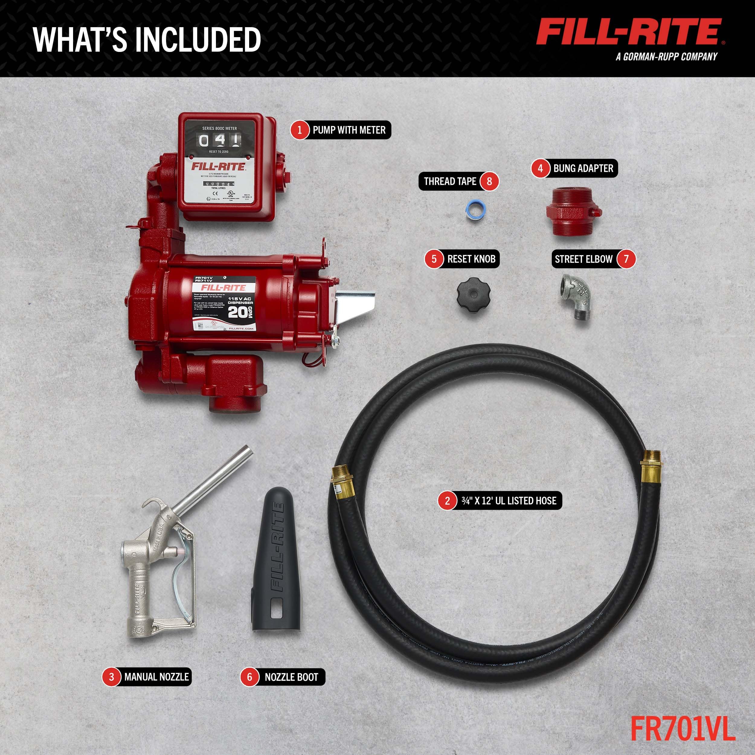 Fill-Rite 115V FR701VL Fuel Transfer Pump with Standard Mechanical Meter Package, Liters | For Gasoline, Diesel, Kerosene, Ethanol Blends, Methanol Blends & Biodiesel up to B20