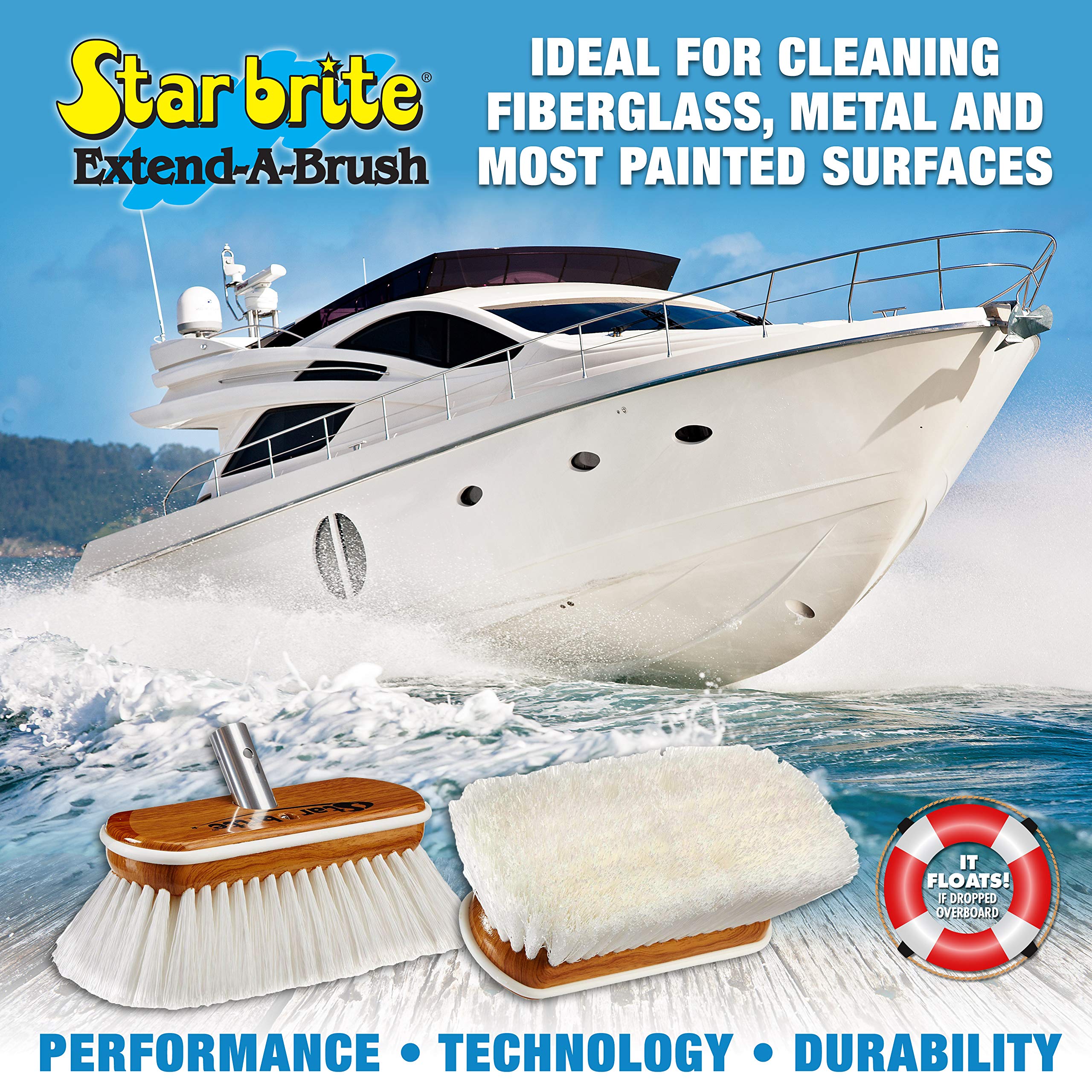 8" STAR BRITE Premium Cleaning Brush – Synthetic Wood Block with High-Density Star Prene Fibers for Boat Decks, Docks & Tough Surfaces – Fits Extend-A-Brush Handles – Stiff Bristle, White (040172)