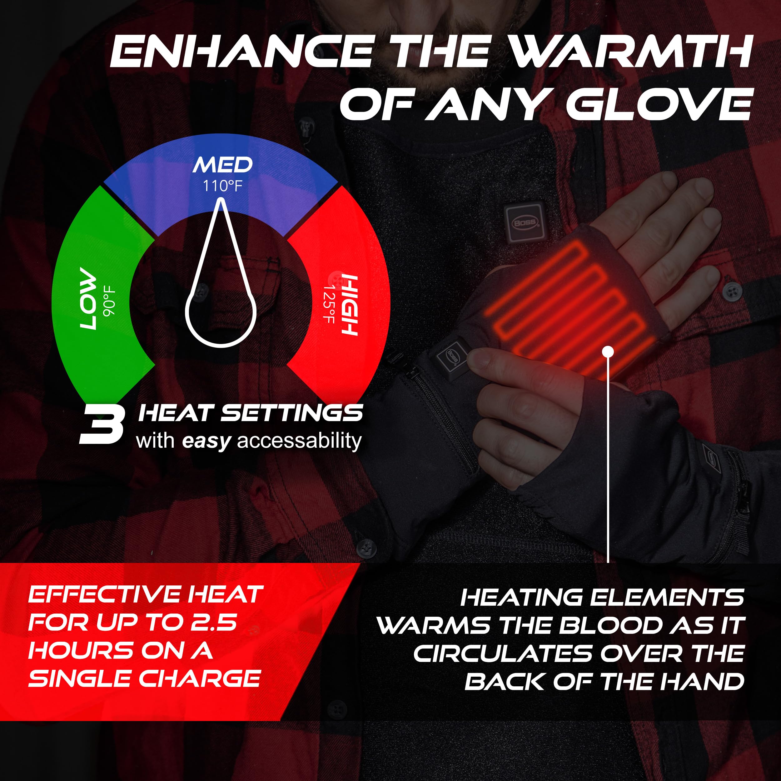 Therm™ Boss® Heated Glove Liner, 3 Heat Setting Control (low, medium, and high), one size, Soft Nylon 4-Way Stretch, Rechargeable, Black