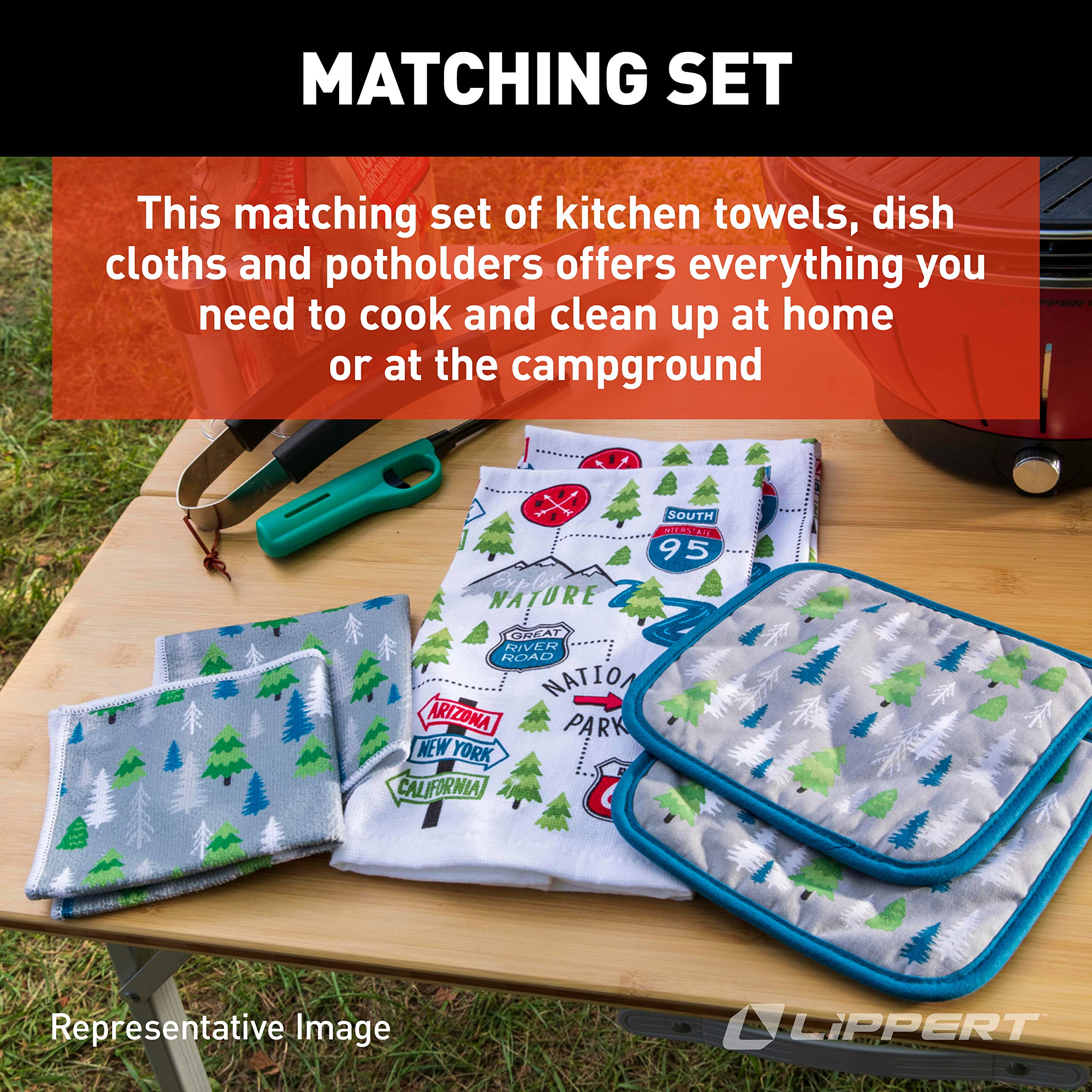 Lippert™ RV Kitchen Towel & Potholder Set, 6 Pieces, Unique Road Sign Design – Two Kitchen Towels, Two Dish Cloths and Two Potholders Rated up to 400°F – Machine Washable – 2022107828