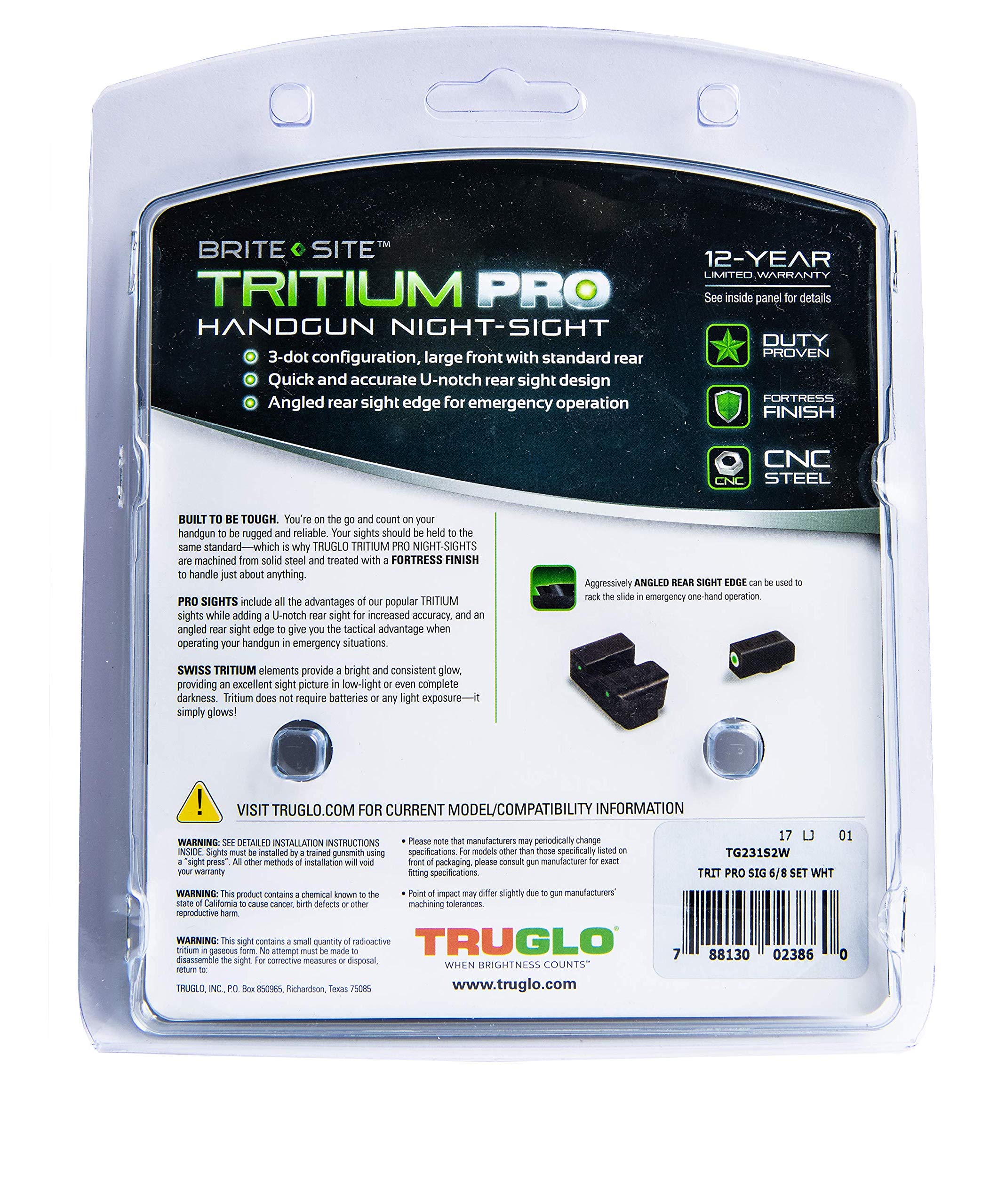 Tritium Pro TRUGLO Night Sights, Compatible with Sig Sauer #6 Front / #8 Rear | Compact Durable Glow-in-The-Dark Front & Rear Gun Sights with White Focus Lock Front Ring