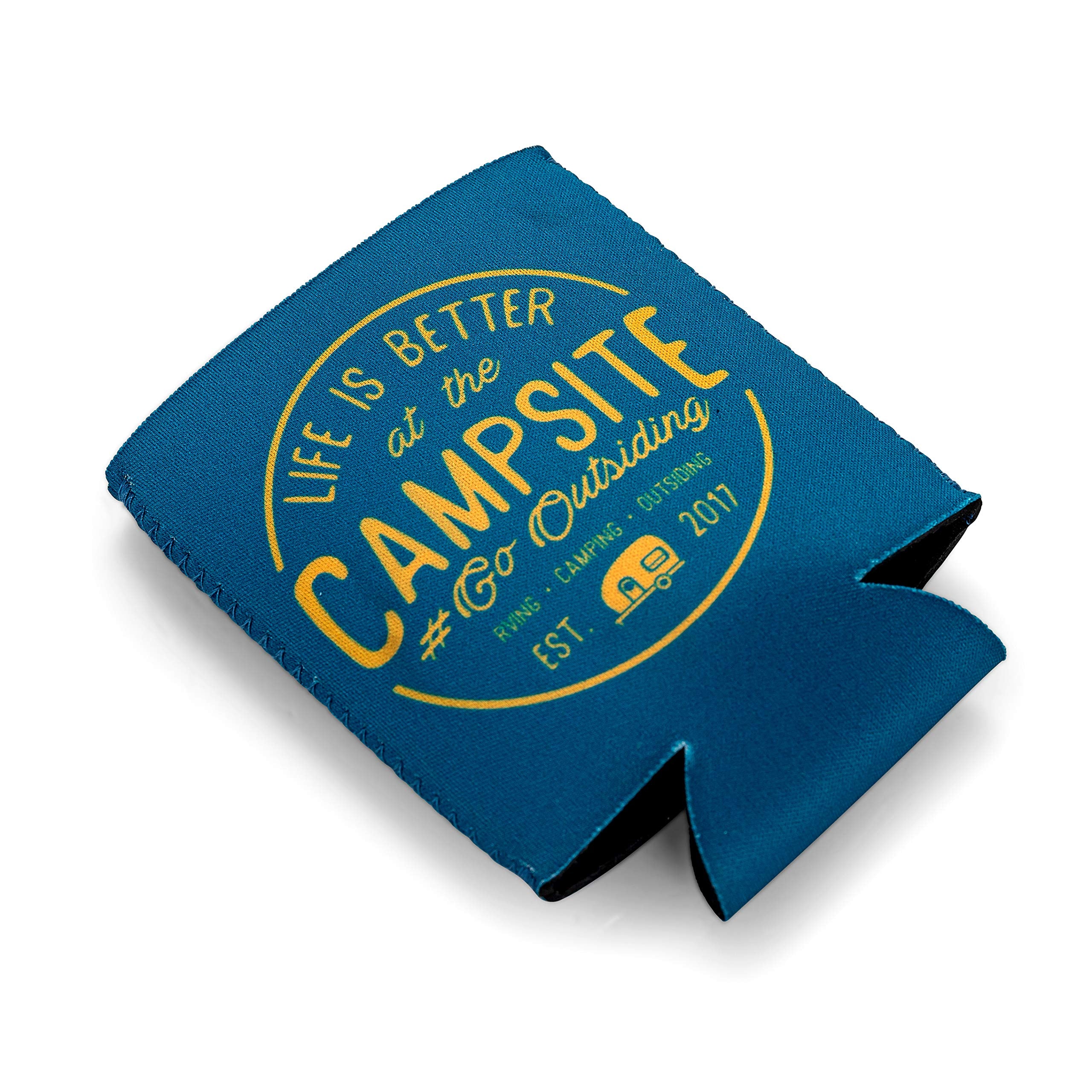 Camco Sleeve Life is Better at The Campsite – Neoprene Soda or Beer Coolie, Fits 12 oz. Cans, Navy Blue and Gold Seal – (53247)