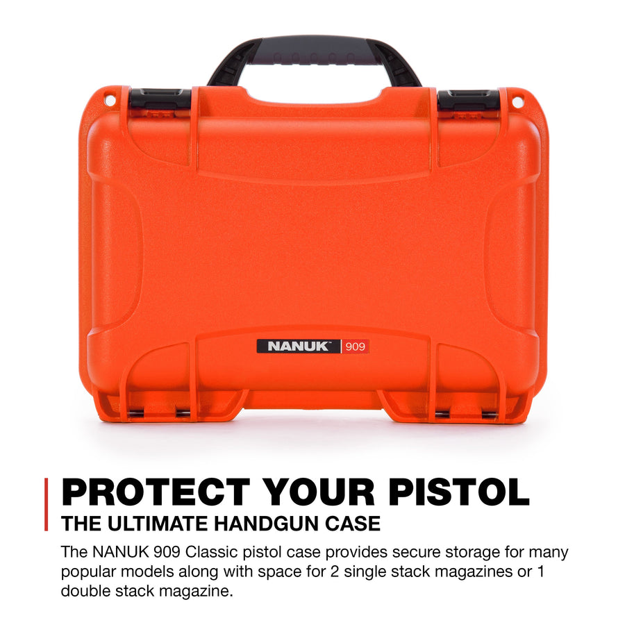 Nanuk Waterproof 909 Classic Pistol/Gun Case, Military Approved with Custom Insert - Orange